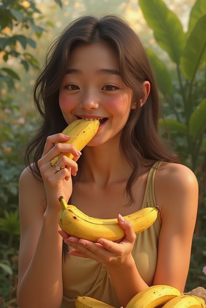 Busty black beauty，Eating bananas，Slobber，It feels very fragrant