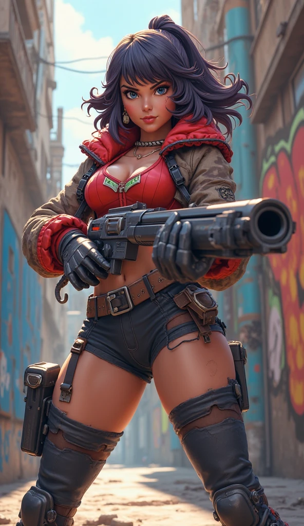Ebony African holding rocket launcher, gold jewelry, sexy red and white Harley Quinn clothes, pistols, dreads, sexy, thic, explosions in background, sinister smirk, only five digits on each hand, fire in background, mayhem in background,