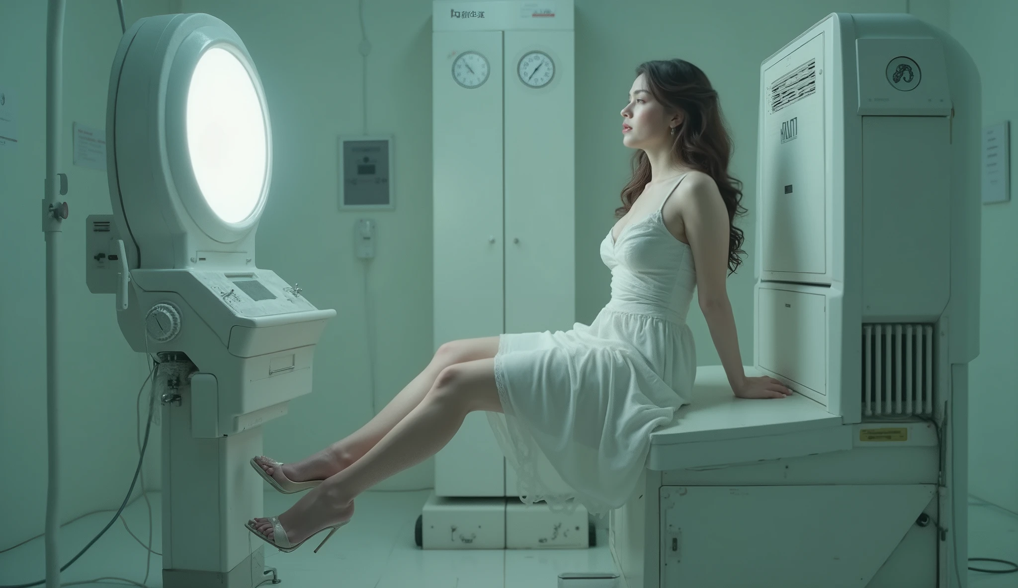 far elevated shot of (1woman), wide frame, long shot, full body pose, an albino European [South East Asian] mixed woman, (Caucasian)1.5, (albino)2, [chubby].5, big breast, big thigh, (white pale skin), brunette hair, wearing a white midi dress with a thigh-high slit, (high heels)1.5, exposing her legs and toes, (legs), [straight] or [cross] legs and strapped to brainwashing machine, very sharp and detail, high definition, 4K