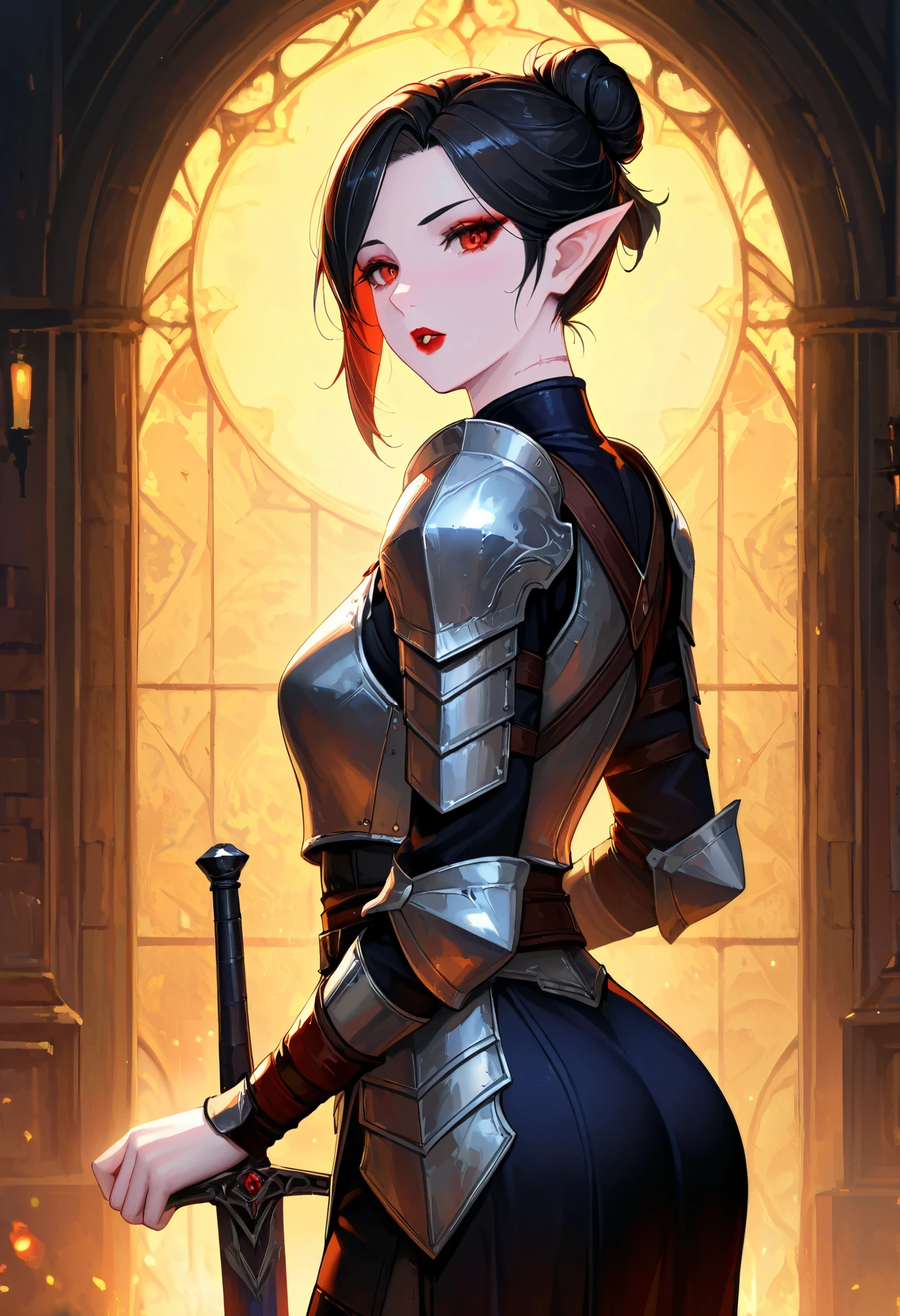 (artist:binggong asylum:1.22), (artist:OKAZU:1.10), (artist:hiten:0.51), artist:WANKE, (artist:ciloranko:0.55), (Baldur's Gate 3 character), (masterpiece: 1.2), (best_quality: 1.0), (solo: 1.4), 1woman, slim physique, 30 years old, middle-aged woman, ((upper-body, half body: 1,4)), ((Ultra Detailed, Cinematic, hyper detailed, Hyperresolution, official arts, Wallpaper 40k, Mind-blowing art)), (tied up hair, black hair, high bun: 1.2), ((Drow race, Drow woman, pointed ears)), voluminous hair, (bright ruby-red eyes), (bordo-red eyeliner, bordo-red lipstick, makeup), Beautiful finger, Beautiful body, Beautiful nose, Beautiful character design, perfect eyes detail, perfect face, Colorful, Bright_Front_face_Lighting, (bright_color: 1.2), (beautiful, small breasts size: 1.2), (beautiful, big ass: 1.2), (beautiful_face: 1.5), (plate armor, dressed in plate armor), (the hilt greatsword, great greatsword on the back), front view, (pale pink skin tone), metal with a bluish tint, leather inserts, purple fabric, (ocular scars, scars on face, scars on neck), (background, dark dungeon, deep halls),