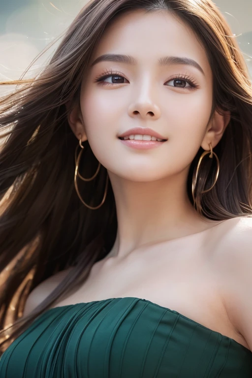 (8k, RAW Photos,Best Quality, High Resolution:1.1), (Hyperrealistic:1.4),(Realistic, Photorealistic:1.3), Soft Light,Big,Young Girl,Asian,Realistic Face,Slender Body,Realistic Skin,Absurdity,Masterpiece,(Cute:1.8), Detailed Black Eyes,Innocent Eyes,Blushlush,Cinema Light,Jewelry,Earrings,(( Medium Hair:1.1),((Floating Hair)),Upper Body, Open Lips, Top Teeth, (Smiling Eyes:0.6), Depth of Field, Blurred Background, Eye Focus, 85mm Lens, f/1.4,Professional Lighting, Portrait,Photon Mapping,Radiosity,Physically Based Rendering,