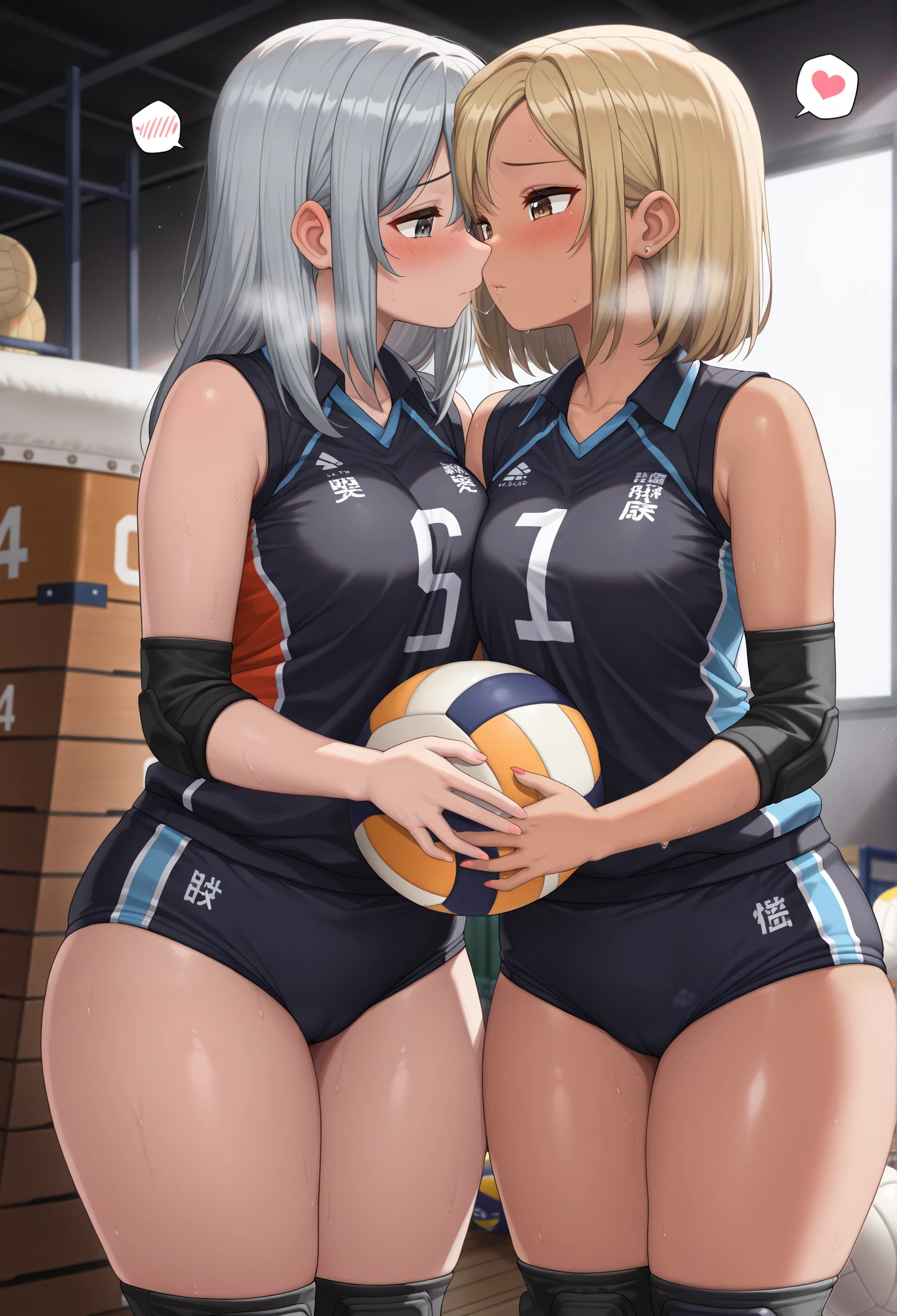 masterpiece, best quality, amazing quality, 2 girl, (gyaru:1.2), volleyball uniform, buruma, holding ball, (yuri:1.2), hugging each other, kiss, holding ball, (young women:1.2), thick thighs, Collared volleyball uniforms, sleeveless, (buruma:1.2), volleyball knee pads, elbow sleeve, (the perfectly spherical 8.5” volleyball ball:1.3), (blush:1.4), camel toe, (chubby:0.8), curvy, (sweat, Covered in sweat, covered in perspiration:1,4), (deep breathing:1.4), spoken heart, perfect anatomy, in gym storeroom, eye contact, cowboy shot, (4k,8k,highres:1.2), ultra-detailed, studio lighting, extreme detail description, professional, vivid colors, detailed eyes,detailed lips, dramatic lighting, highly detailed sports uniform, soft focus background, (shy, embarrassed expression:1.4), dashed eyes, medium breasts, saliva trail, Matching uniforms