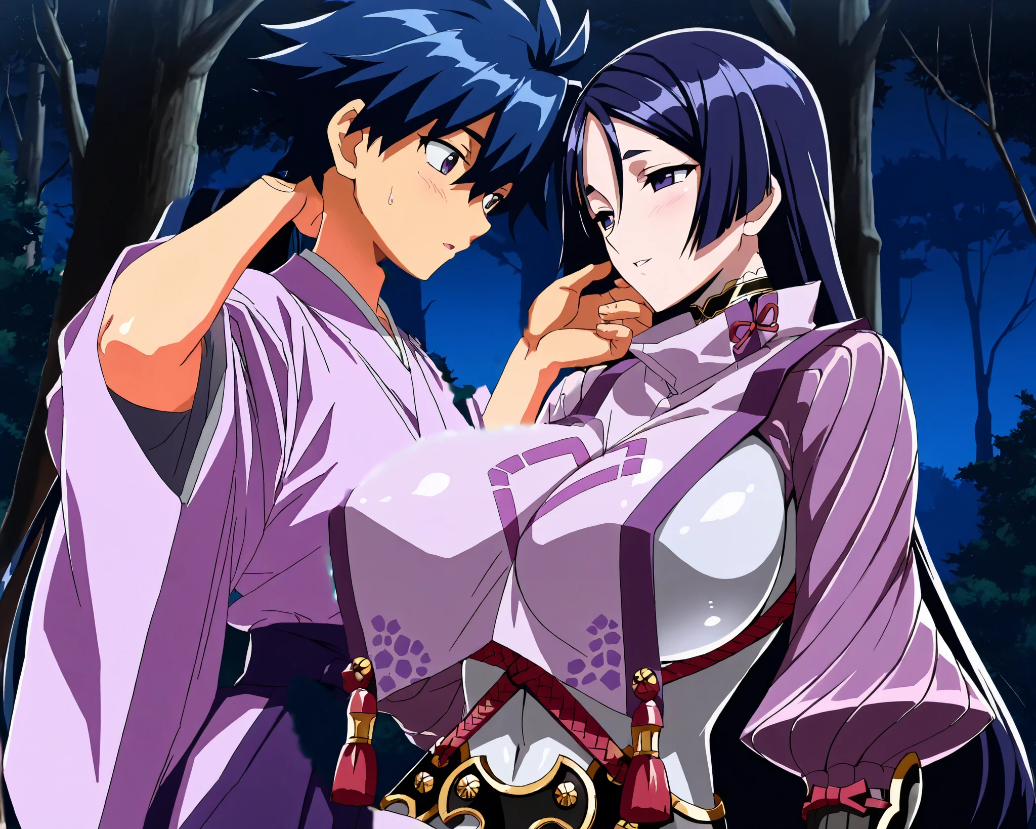 ((masterpiece)), ((best quality)), ((ultra-detailed)), score_9_up, score_8_up, score_7_up, HD, top quality, best quality, High-quality illustrations, anime screencap, perfect anatomy, japanese clothes, hakama, Purple kimono, BREAK masterpiece, best quality, amazing quality, 1990s (style),