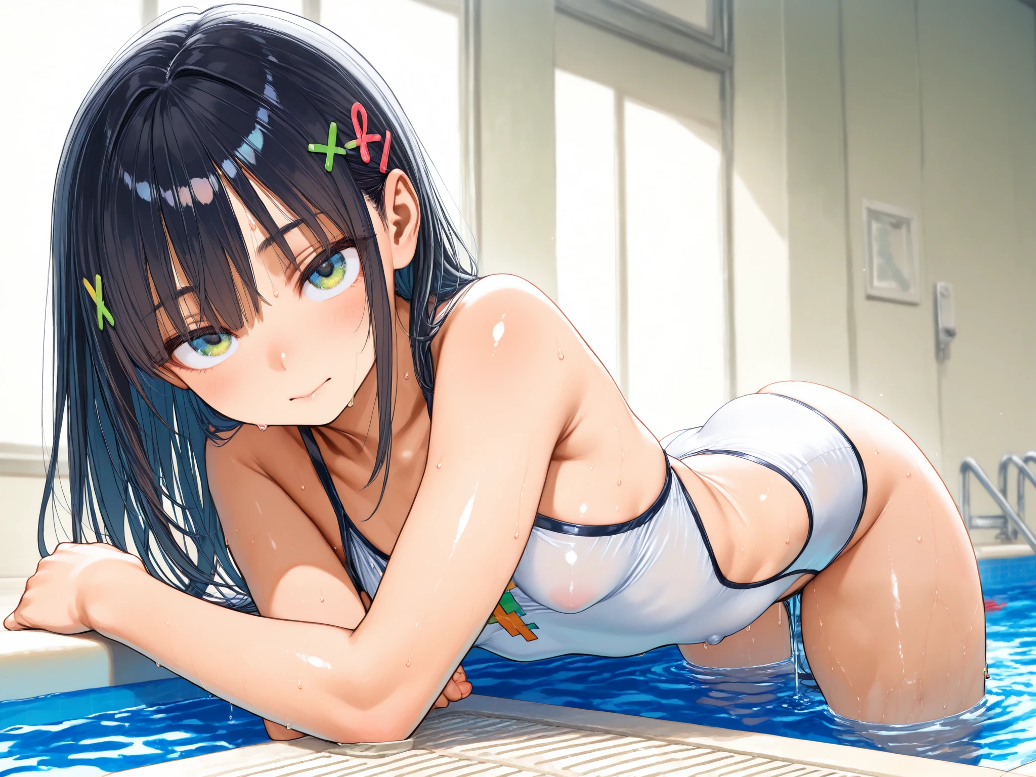 Naked, embarrassed, feeling, ahegao, detailed face, feeling, sweat, small breasts, cute, armpits (Raise your arms wide:1.2)  Black hair, black eyes, short hair, quiet, poolside, back against wall, focus on face, bust up, legs spread wide  (Pussy gets shot with high pressure water:1.4)  