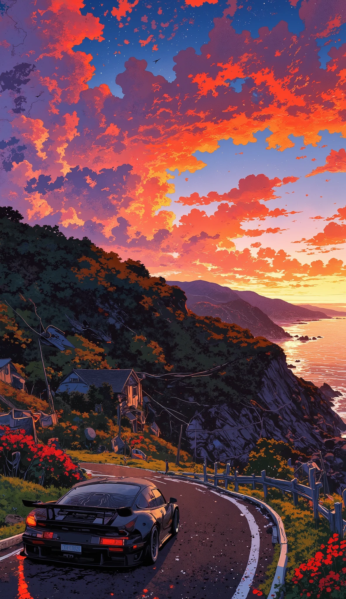 A state-of-the-art German hypercar, sculpted with precision aerodynamics, sits poised on a winding coastal highway at sunset. Its obsidian-black carbon-fiber body shimmers with reflections of fiery orange and deep violet from the sky. Laser-etched LED headlights pierce the twilight, giving the car a predatory stance, while massive air intakes gulp the cool ocean breeze, feeding a quad-turbo V12 beneath a sapphire-glass engine cover. A deep, menacing growl rumbles from golden titanium exhaust tips, echoing through the cliffs.
The forged magnesium wheels, wrapped in low-profile track tires, grip the asphalt fiercely. Crimson anodized brake calipers clamp onto carbon-ceramic rotors, prepared for high-speed precision. An active rear wing subtly adjusts, responding to airflow like an intelligent beast anticipating its next move. The butterfly doors lift effortlessly, revealing a cockpit where hand-stitched Nappa leather and Alcantara meet brushed aluminum and OLED displays. An AI-powered HUD projects real-time telemetry and adaptive driving modes, while the flat-bottomed Alcantara-wrapped steering wheel connects the driver to the machine’s pulse.
As the ignition flicks, the V12 roars to life, spitting blue flames before settling into a controlled growl. The tires bite, the hypercar lunges forward, slicing through the night—a masterpiece of engineering in motion, leaving behind only the scent of burnt rubber and the lingering echo of pure speed.