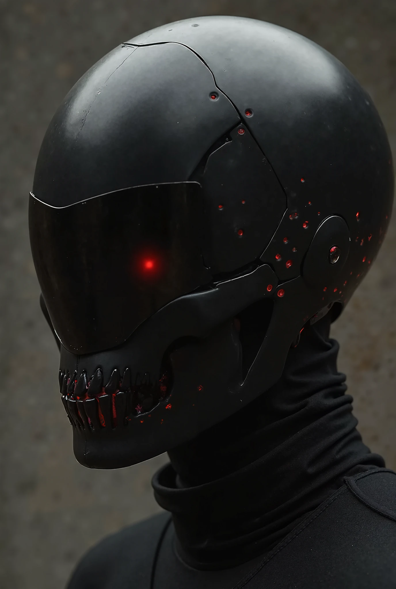 Futuristic skull with a face mask and a motorcycle helmet has red eyes and on the helmet there are gothic letters that say Franco