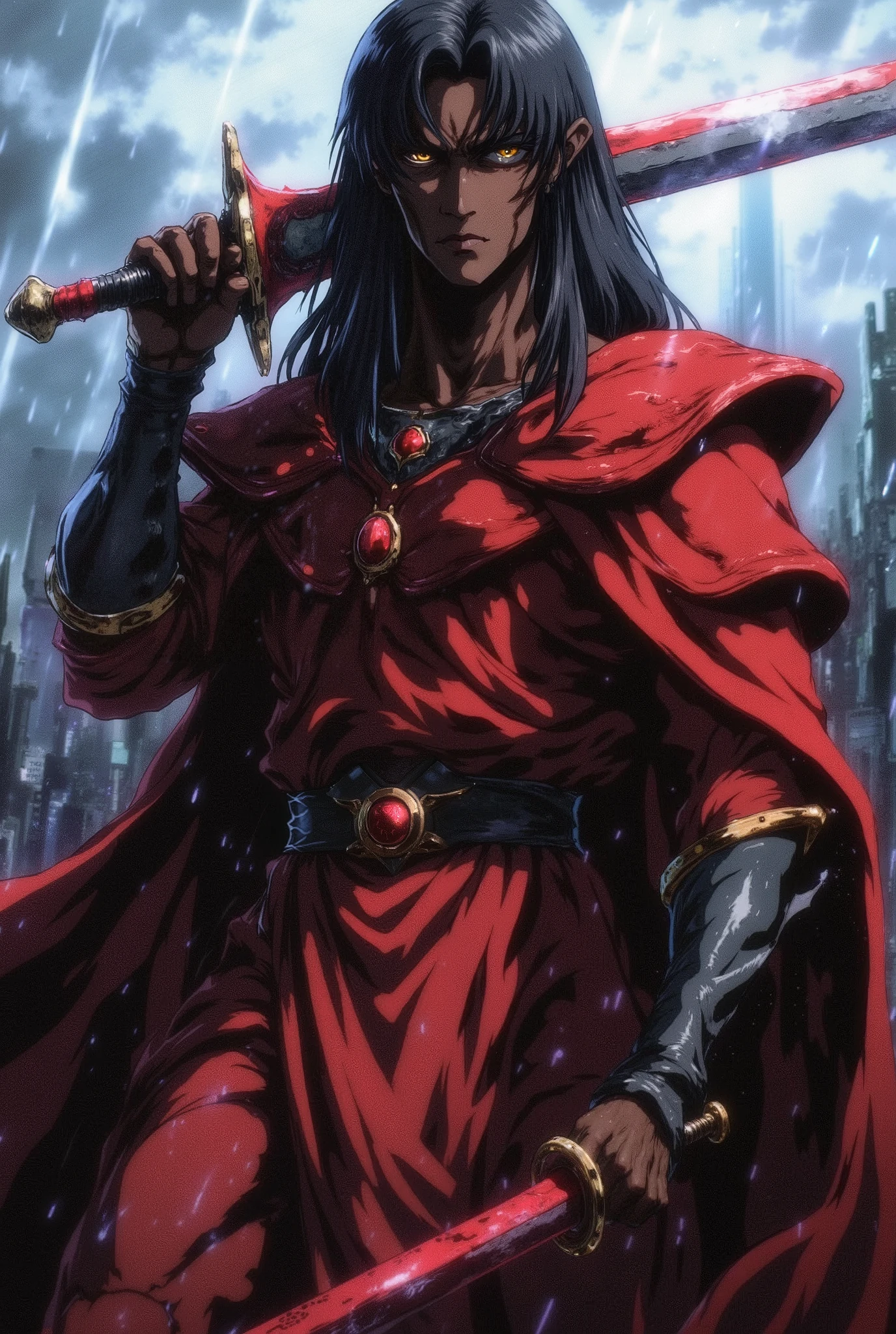 man, dark skin, yellow eyes, red clothing closed at the chest, long down to the legs and divided into three points with a belt marking the waist, black leather shirt with long sleeves down to the hands with the fingers showing, long black hair, smoking a cigarette, in the rain, on top of a building, holding a silver sword with a red blade and resting it on his shoulder