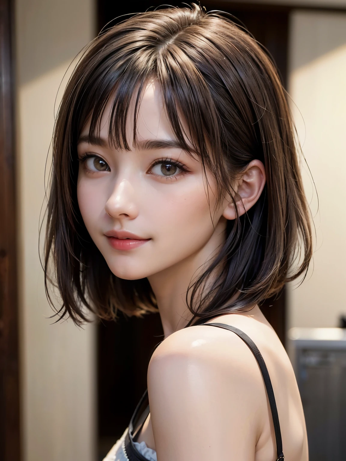 (table top, best quality、ultra high resolution、face focus focus、focus on the side、belly focus、décolletage focus、really attractive beauty、Adds intense highlights to the eyes.、Look closely at the camera:1.4、Very pretty bangs:1.4、Brunette short bob haircut with bangs:1.4),1 girl, report, black hair, realistic, looking at viewer, pale black eyes, Short hair, Lips, lip gloss, upper body、big 눈、Eyelashes)、((italy nature background、Hyper Real Stick:1.4))、((Short hair with bangs:1.4、46-point beautiful bangs:1.4、{giant|big|giantな|mega} chest:2, split:2、big 눈、Provides very powerful highlights for students、very bigger chest、look at the audience、very beautiful beauty、show me your ears、Your neck is long and pretty、beautiful décolleté、laugh、A laughe　beautiful teeth、Open your mouth and laughe))、28 years old、so cute supermodel、complete ???????