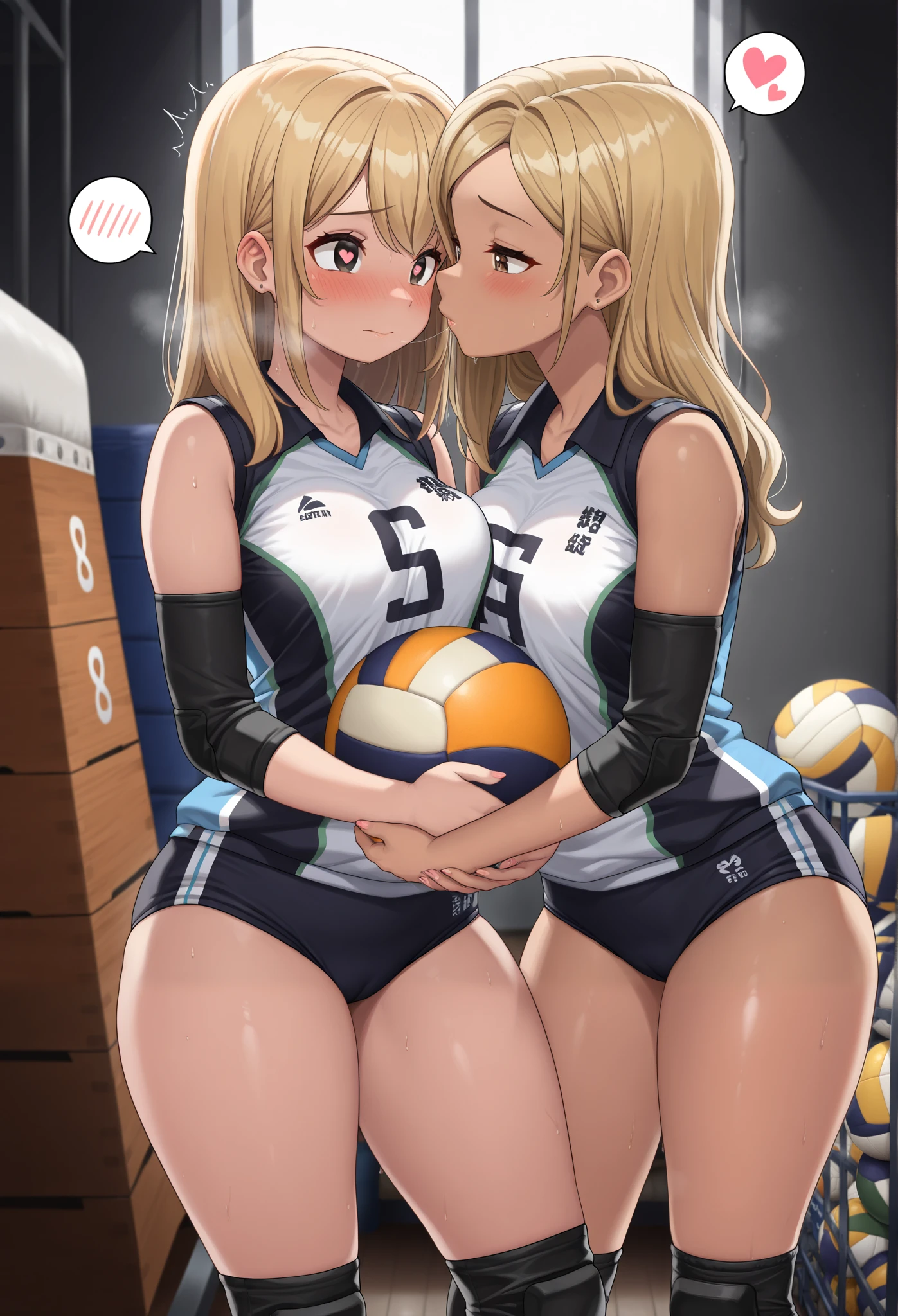 masterpiece, best quality, amazing quality, 2 girl, (gyaru:1.2), volleyball uniform, buruma, holding ball, (yuri:1.2), hugging each other, kiss, holding ball, (young women:1.2), thick thighs, Collared volleyball uniforms, sleeveless, (buruma:1.2), volleyball knee pads, elbow sleeve, (the perfectly spherical 8.5” volleyball ball:1.3), (blush:1.4), camel toe, (chubby:0.8), curvy, (sweat, Covered in sweat, covered in perspiration:1,4), (deep breathing:1.4), spoken heart, perfect anatomy, in gym storeroom, eye contact, cowboy shot, (4k,8k,highres:1.2), ultra-detailed, studio lighting, extreme detail description, professional, vivid colors, detailed eyes,detailed lips, dramatic lighting, highly detailed sports uniform, soft focus background, (shy, embarrassed expression:1.4), dashed eyes, medium breasts, saliva trail, Matching uniforms, heart-shaped eyes
