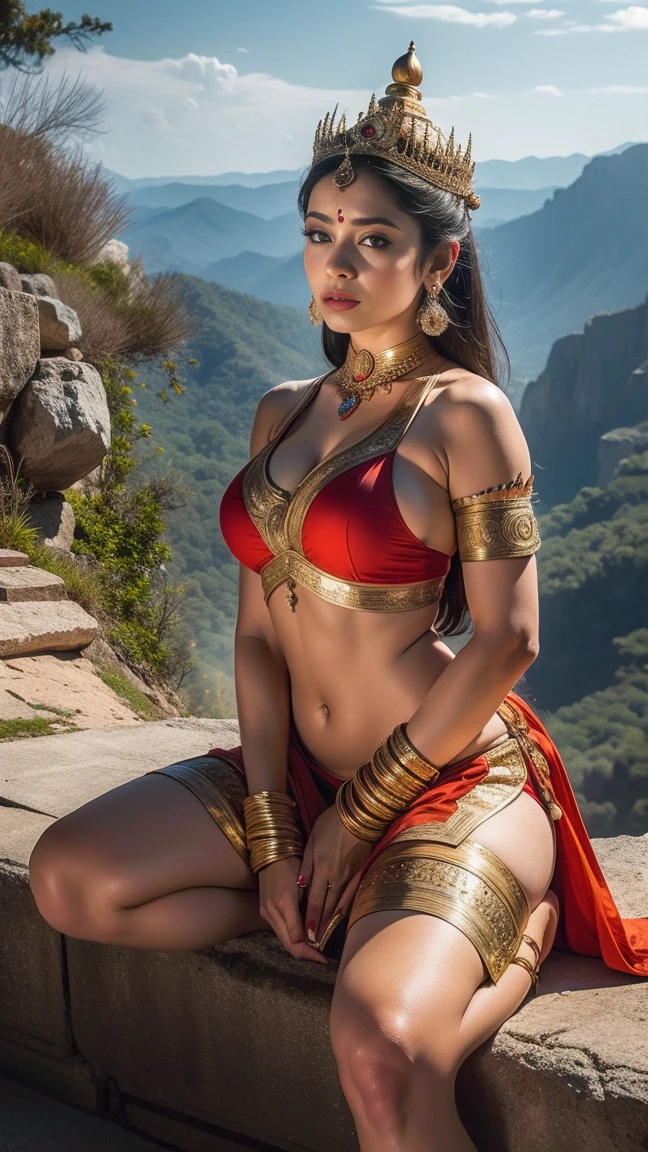arabian girl,1girl,
(large breasts:1.4),((((long dark hair,dark hair,black hair,colored inner hair)))),(((blue_eyes:1.3))),intricate eyes,beautiful detailed eyes,symmetrical eyes,((((lustrous skin:1.5,tanned skin,bright skin: 1.5,skin tanned,shiny skin,very shiny skin,shiny body,Reflective skin)))),(spider lower abdomen,narrow waist,wide hip,athletic body,inflated legs,thick thighs,delicate detailed fingers,(detailed face)),beautiful detailed lips,
cute,slutty,sensual,seductive look,seductive,((erotic)),opulent,sumptuous,((nsfw)),
((((sikh woman warrior)))),arabian accessories,(arabian jewelry in her arms),earrings,(((eyeshadow,arabian makeup,eyelid makeup))),(((red clothes,red outfit,wet clothes,intricate outfit,embroidered outfit,ornate outfit,intricate cloth,embroidered cloth,ornate cloth))),
(dynamic pose:1.3), looking at viewer,embarrassed,centered,scale to fit dimensions,Rule of thirds,
outdoors,(egyptian palace,egyptian palace background,pyramids in the background),scenery,(oasis,oasis background),extremely scenery,(puddles everywhere,moss,moss on the background),clouds,Egypt style,Egypt castle,lily pads,palms,reeds,(sunset, golden hour),
(Glossy Egyptian ornaments),(top-quality,8K,32K,masterpiece),high resolution,(Photorealistic:1.4),Ray tracing,Sun glare,depth of fields,By backlight effect,Add depth to your screen,(((vibrant colors,vibrant theme))),(intricate),(high contrast,photorealistic artwork:1.37),(best quality,4k,highres,masterpiece:1.2),ultra-detailed,(realistic,photorealistic,photo-realistic:1.37),professional,
Sitting on rock,