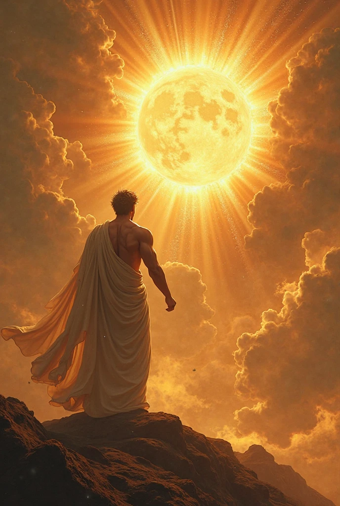 Create a photo-realistic image of Shu from Egyptian mythology in the act of separating the sky from the earth, showcasing his powerful role in the creation of the universe. Include realistic details, vibrant gradient colors, and a detailed background. Apply best quality, masterpiece, and absurdres settings.