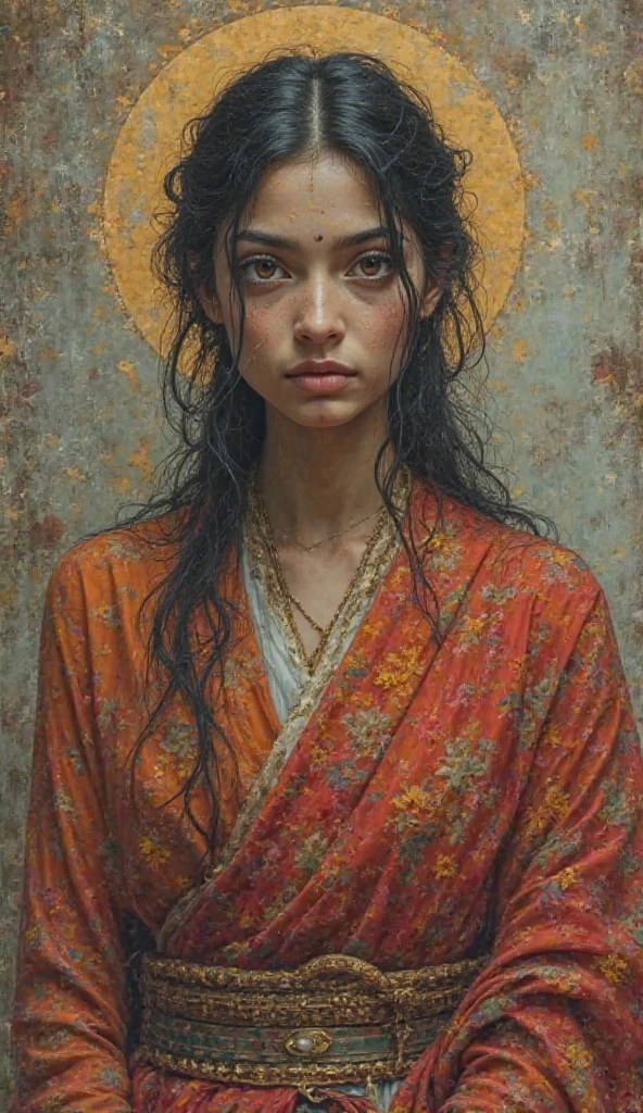 Different mood indian woman with very long hair, showing clevage, clutched in deep orange towel, wide angle in a blue vintage bathroom, perfect anatomy, illustrative, painterly, detailed, UHD drawing, pen and ink, perfect composition, beautiful detailed intricate insanely detailed octane render trending on artstation, 8k artistic photography, photorealistic concept art, soft natural