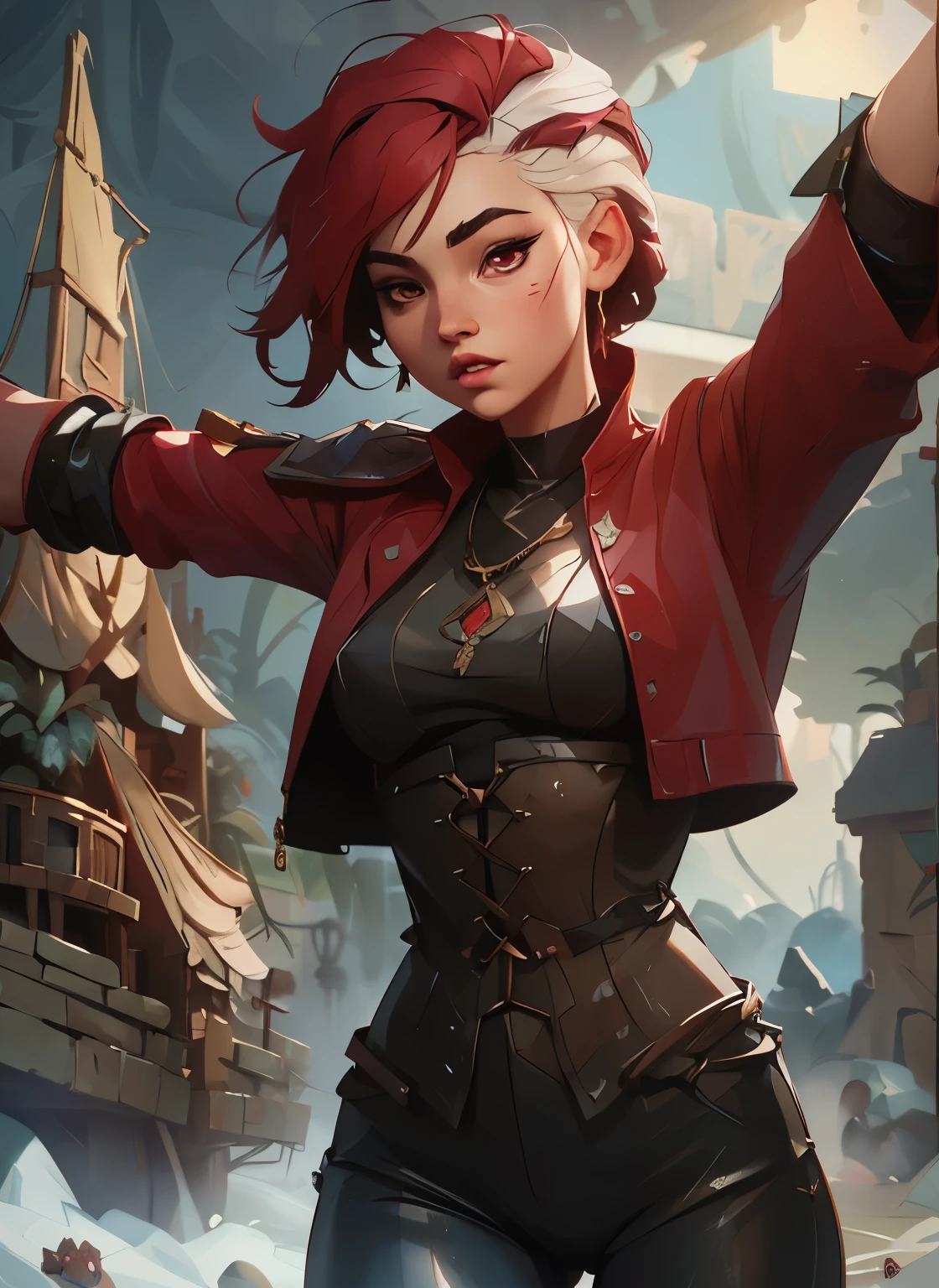 masterpiece, HD , great quality, very aesthetic, absurd, high contrast , high color palette , light glare ,Latest ,2.5D,volumetric lighting, Sweet, jung, 1 girl, aztekisch, round face, slanted eyes, Chemale Lips, small breasts, red eyes,athletic body, aztekisch, white hair strands, looks at the observer, Dreadlocks, shy, Anime shark teeth, background: jungle and Aztec ruins, look like a young Jennifer Lawrence