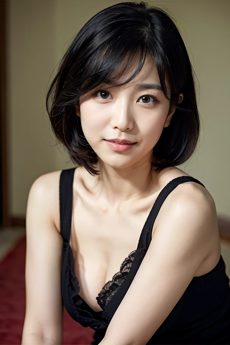 highest quality, masterpiece, High resolution, 1 girl, beautiful and perfect face, bob cut, intricate details, movie-like atmosphere, 8K, very detailed, black underwear