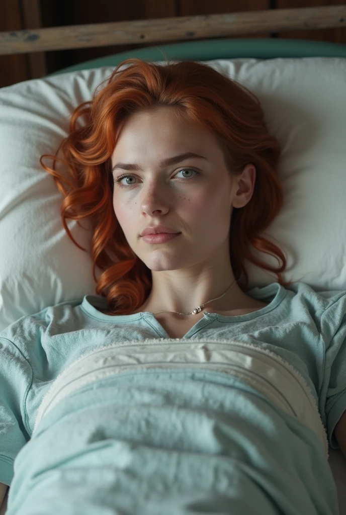 1 girl in, age 13-s old, One, Aesthetic work of art, Russian redhead, wavy red hair, shoulder length red hair, grey eyes, светло-grey eyes, a few small freckles, pale skin, full-length nude, small firm perfect pear-shaped breasts, large puffy nipples (textured leather, skin pores:1.1), (moles:0.8), imperfect skin, goosebumps, in a dimly lit bedroom, lying down, lying down на кровати, (Sleeping position: 1.4), (sad:1.3), Depressive expression, pouting, (extremely detailed 8K wallpaper), soft lighting, high quality, granularity, Fujifilm XT3 sharp focus, the same 5.6, 50 mm, high detail, Sharp Focus,(natural light), (seductive), oversized thin blue t-shirt, blue t-shirt, realistic, ультра realistic, фото realistic, Crazy details, complex parts, hyper detailed,