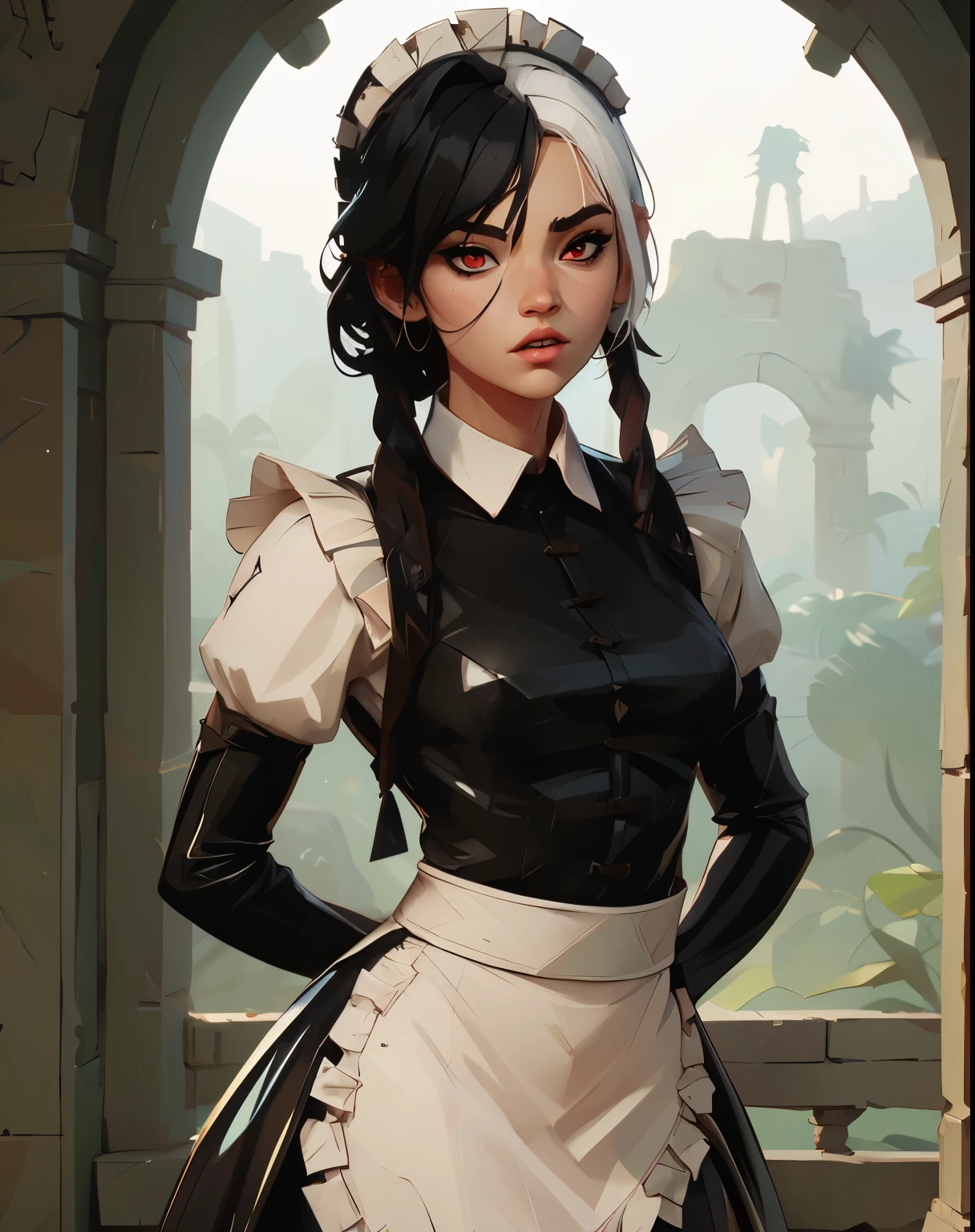 masterpiece, HD , great quality, very aesthetic, absurd, high contrast , high color palette , light glare ,Latest ,2.5D,volumetric lighting, Sweet, jung, 1 girl, aztekisch, round face, slanted eyes, Chemale Lips, small breasts, red eyes,athletic body, aztekisch, white hair strands, looks at the observer, Dreadlocks, shy, Anime shark teeth, background: jungle and Aztec ruins, look like a young Jennifer Lawrence