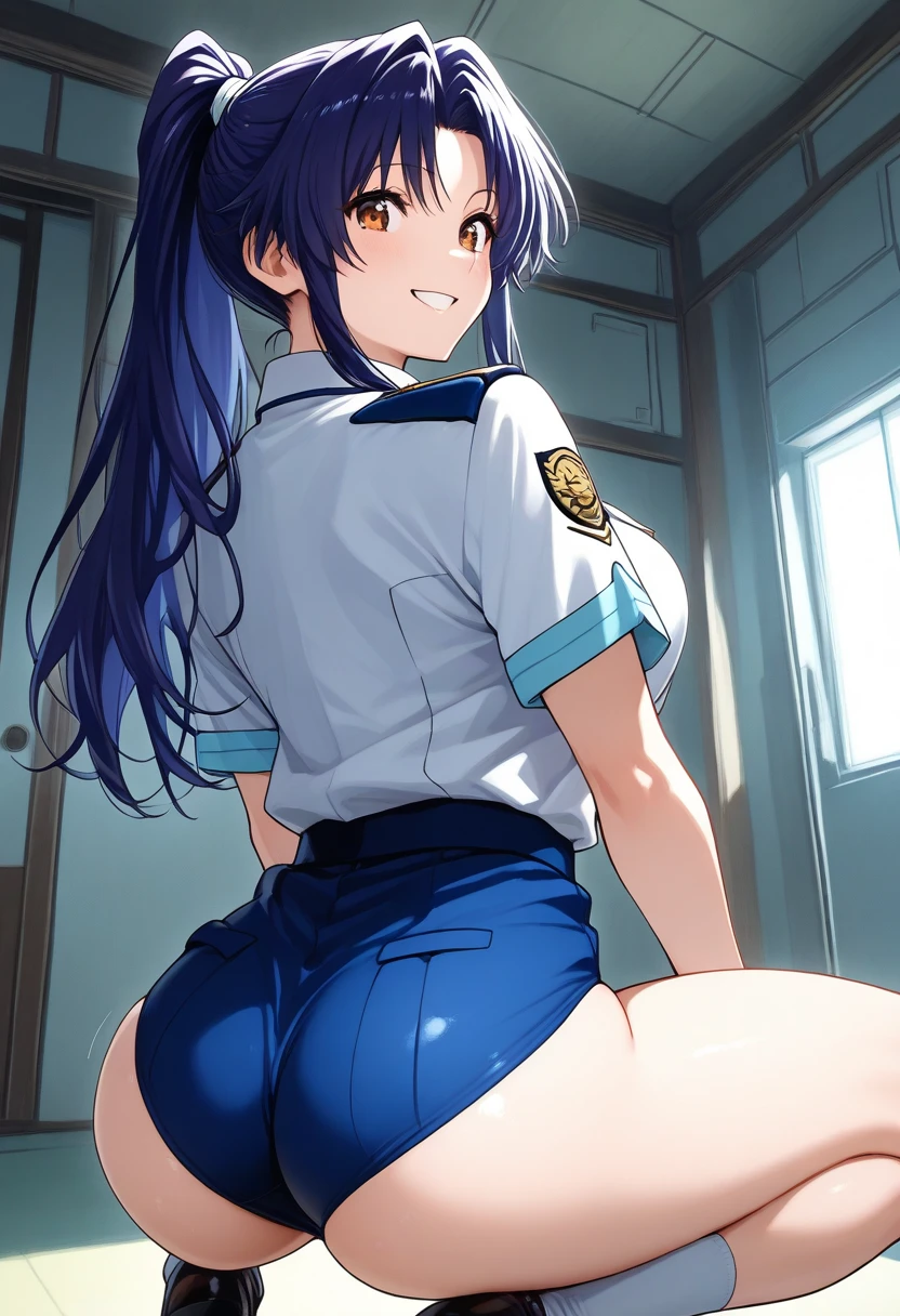 1 Girl, Solitary, Laura S.。. arseid (Dark blue long hair, Ponytail and Side Bangs, Small chest), (Inspired by《Shining Trails》) Show off her panties in a school uniform, in military school, Awkward