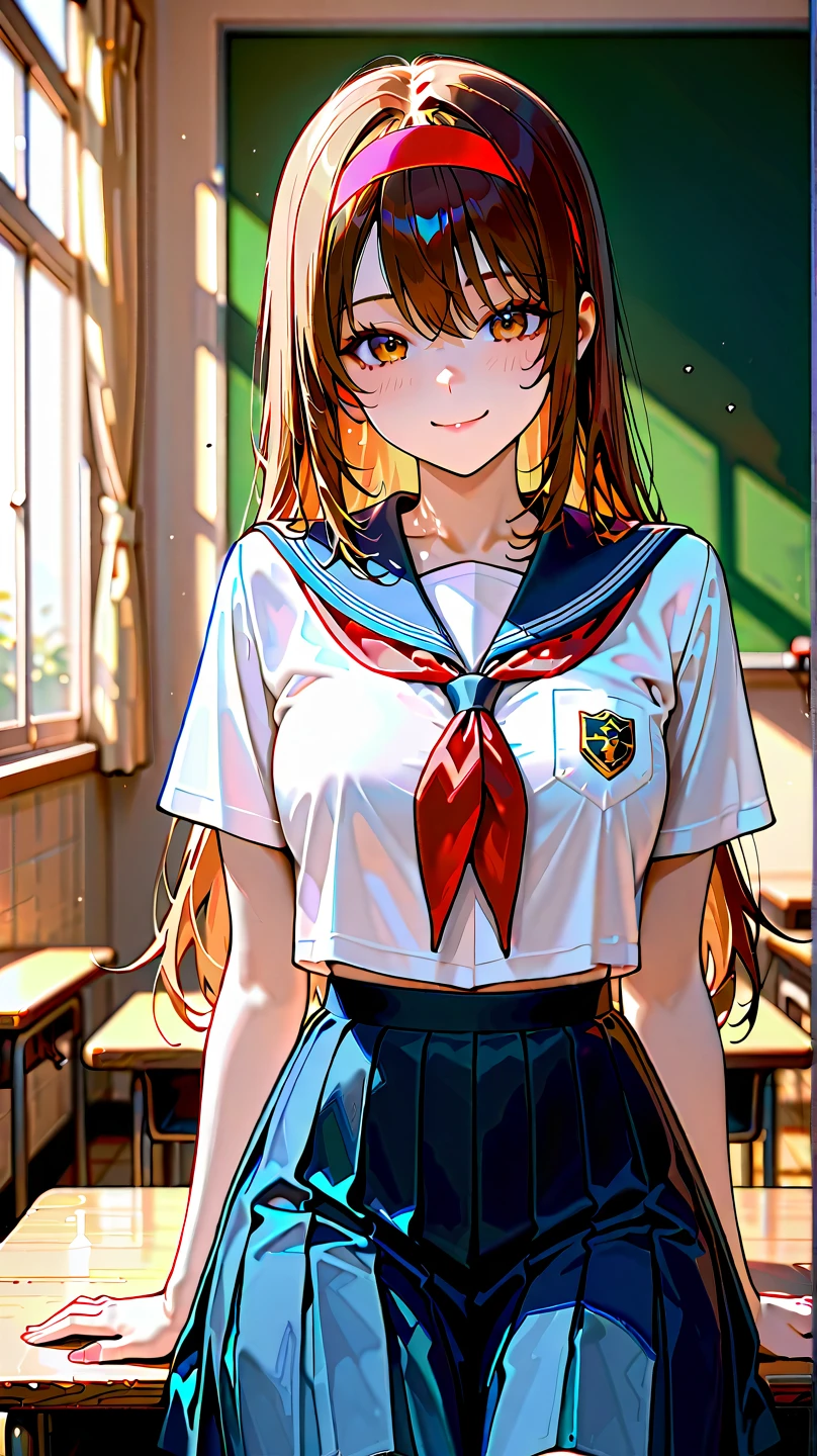 POV, from above, full body,1girl, parted lips, blush, makeup, light smile, school uniform, classroom, school bag, light rays, glow, thighs, collarbone, narrow waist, (masterpiece), wallpaper,