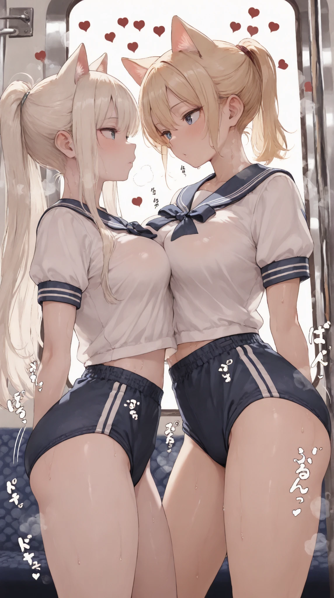 (Beautiful detailed eyes), (Beautiful detailed face), (ultra-detailed), (masterpiece), sweat, (blonde hair), (shag hairstyle:1.1), (2girls), (multiple girls), (standing:1.0), (huge breasts), (underboob), (skinny thigh), (slim waist), (smile), (school uniform:1.4), (crop school uniform), (sleeveless:1.4), (xueshengzhuang:1.4), (microskirt:1.4), (skirt), (black thighhighs), (school), (in class room:1.2), (open mouth), (tongue out:1.25), (midriff), (navel), (lace-trimmed panties), (skirtlift:1.6), (bare shoulders:1.4),