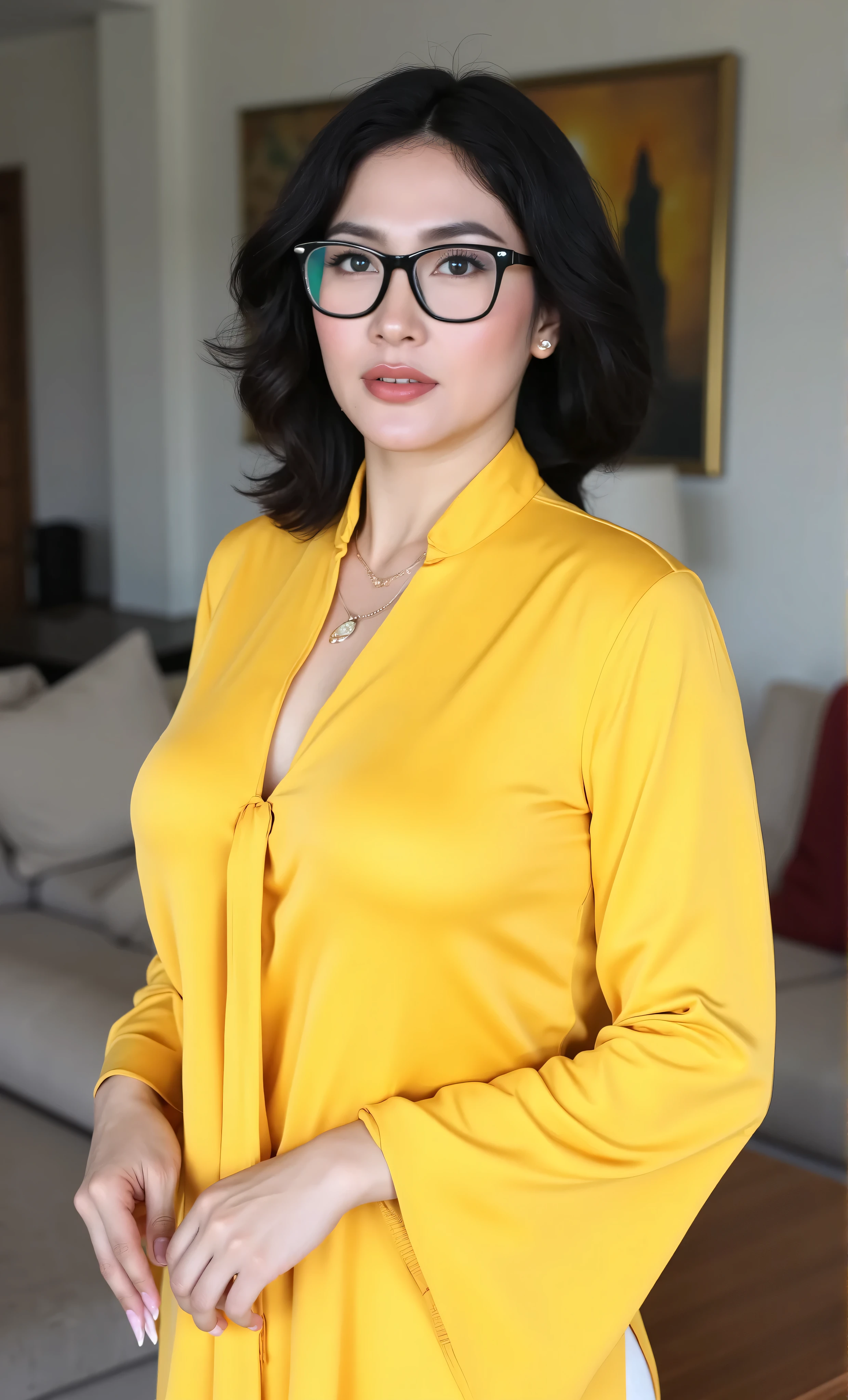 (Masterpiece: 1.2, Best Quality), Realistic, (Realistic Picture, Complex Details, Depth of Field), Best Quality, Masterpiece, Highly Detailed, Realistic, 1 mature, indonesian old wife, 55 Years Old, chest forward, big breasts, thin lips, beautiful and seductive, curvy body, perfect shape vagina, wearing yellow hijab, wearing yellow kebaya, full body view, look at viewer, full photo, background living room, black frame glasses, look at viewer, sexy model style pose, perfect hands shape, perfect fingers shape, complete fingers, perfect long nails shape,