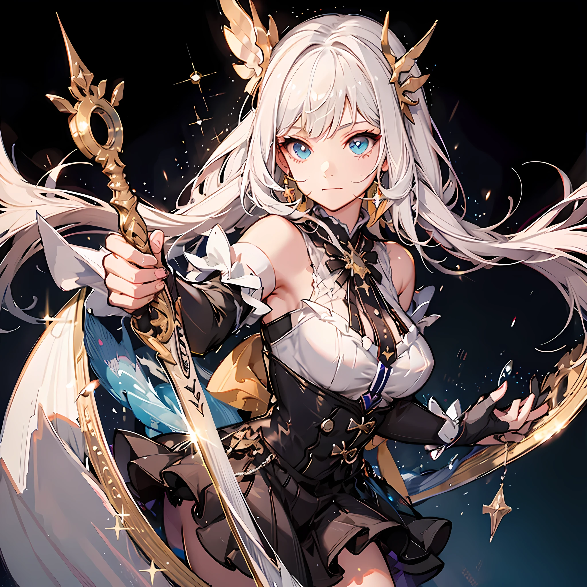(dynamic angle:1.3, front view:1.1, breast focus:1.3, from below:1.2), (dynamic posing:1.5, sexy posing:1.2, leaning forward), (seductive smiling:1.3),(*K) HD, highest quality, Anime style beutiful woman, 1girl,fullbody, happy, (with sparkling eyes and a contagious smile:1.2), red face, closed mouth, beautiful detailed eyes, super detailed skin, backlighting, bare shoulders, black background, black dress, black gloves, silver hair, breasts, dress, earrings, fingerless gloves, floating hair, floral print, flower, gloves, gold earrings, gold hairband, hair flower, hair ornament, hairband, holding, holding two-hands weapon, jewelry, medium breasts, long hair, looking at viewer, off-shoulder dress, off shoulder,red eyes, short hair with long locks, sidelocks, solo, spikes, thighs, two-sided dress, two-sided fabric, weapon, fighting stance , face, close up, from above, highest quality, high resolution,Real World, Natural light,perfect Natural light,looking at viewer,