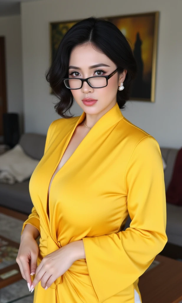 beautiful indian woman of 35 years old , blond with brown roots, hair in bun with tendrils, looking directly at the camera, very realistic,  at home,  silk  cheongsam, clothes tight against body, clothes too tight, film grain, fit muscular body, clothes too tight, seductive, floral patterns on clothing, short sleeves,  seductive, sexy, large breasts, glasses