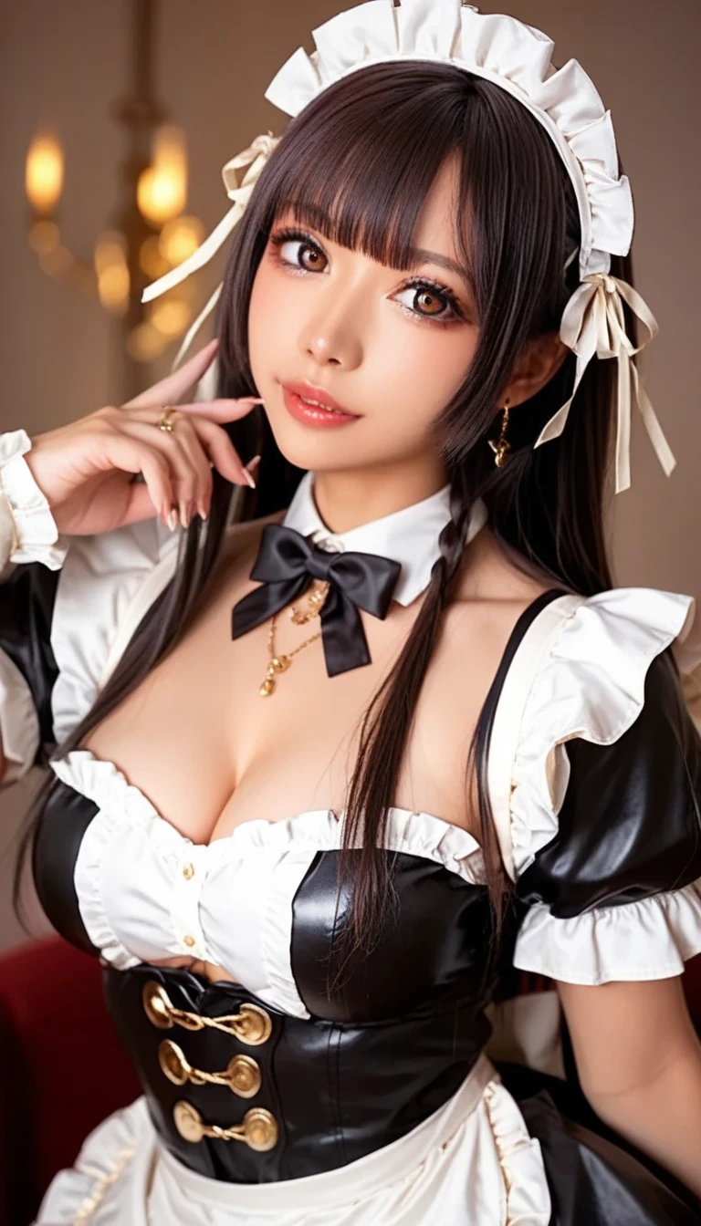 realistic, masterpiece, highest quality, perfect anatomy, (fine eyes), one high school girl, huge breasts, Sweat, night, outdoors, lively restaurant, Micro bikini tucked in, Micro bikini with only strings, ponytail, earrings, white apron, Puffy short sleeves, between the breasts, small tray, central opening, bow tie, pelvic curtain, (wide hips), shy smile, embarrassing, (look up), short maid skirt, maid headdress, (Lots of whipped white cream on my chest)