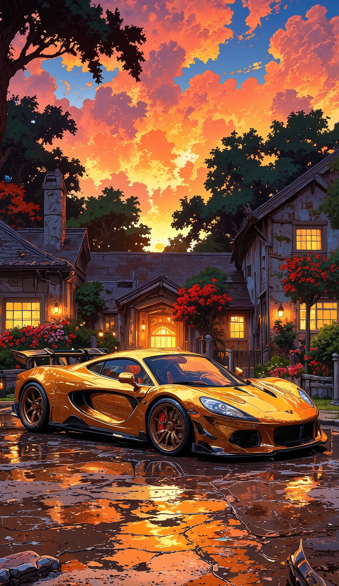 A gold-plated hypercar, gleaming in the warm sunset, stands in front of an opulent mansion. Its razor-sharp body lines and sculpted aerodynamics reflect the orange and violet hues, creating a mesmerizing interplay of light and shadow. The diamond-studded headlights sparkle like celestial stars, their brilliance enhanced by the low-angle cinematic camera shot, capturing the hypercar’s aggressive front stance and deep carbon-fiber side vents.
The forged gold-alloy wheels, wrapped in ultra-low-profile tires, shimmer under the soft driveway lights. Crimson anodized brake calipers clamp onto massive carbon-ceramic rotors, hinting at the monstrous quad-turbo V12 lurking beneath a transparent engine cover. The active rear wing, sculpted from lightweight titanium, adjusts in perfect aerodynamic harmony.
The mansion’s grand entrance, with towering columns and cascading fountains, reflects subtly on the hypercar’s flawless surface. Silhouettes of palm trees sway in the breeze, blending into the vibrant sky. Mist from the fountains swirls around the rear diffuser, catching the glow of the neon-accented underglow.
As the butterfly doors lift, they reveal an opulent interior of hand-stitched Italian leather, carbon fiber, and gold-trimmed controls. The curved OLED display glows with real-time AI telemetry. With a press of the ignition, the V12 erupts in a ferocious growl, spitting golden flames from titanium exhausts, echoing through the night—a masterpiece of speed, luxury, and pure power.