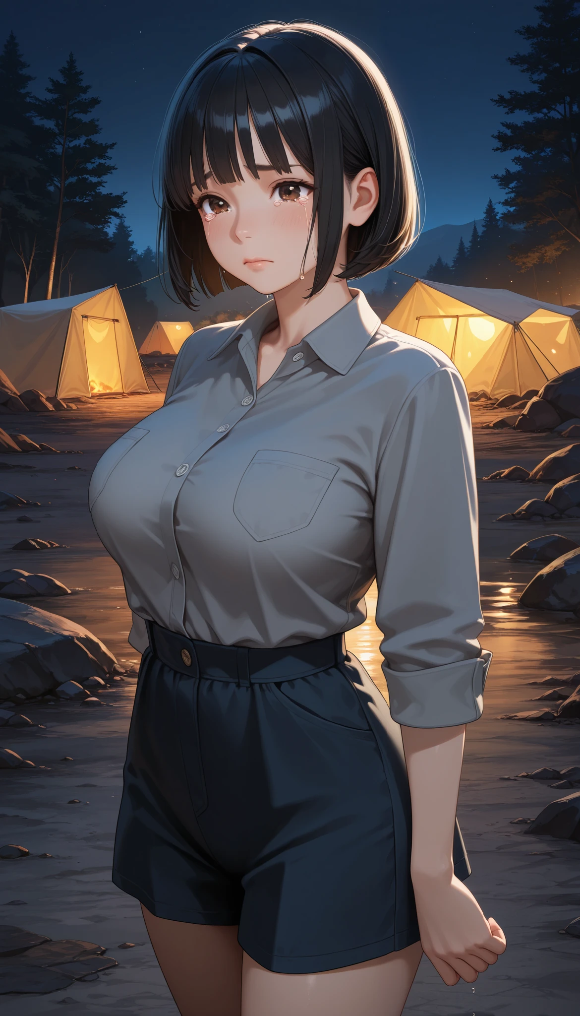 1 girl, standing, 」, Break Girl, 22 year old, short hair, bob cut, ear, ( blunt bang), black hair, (Tears: 1.2), detailed cute brown eyes, curl lashes, (Big Breasts: 0.8), beautiful eyes, DETAIL EYES, beautiful face, grey shirt, white collared shirt, troubled face, night campsite, Darkness, masterpiece, best quality, great quality, very beautiful, absurd, latest, (realistic: 1.2), very detailed, Elaborate,