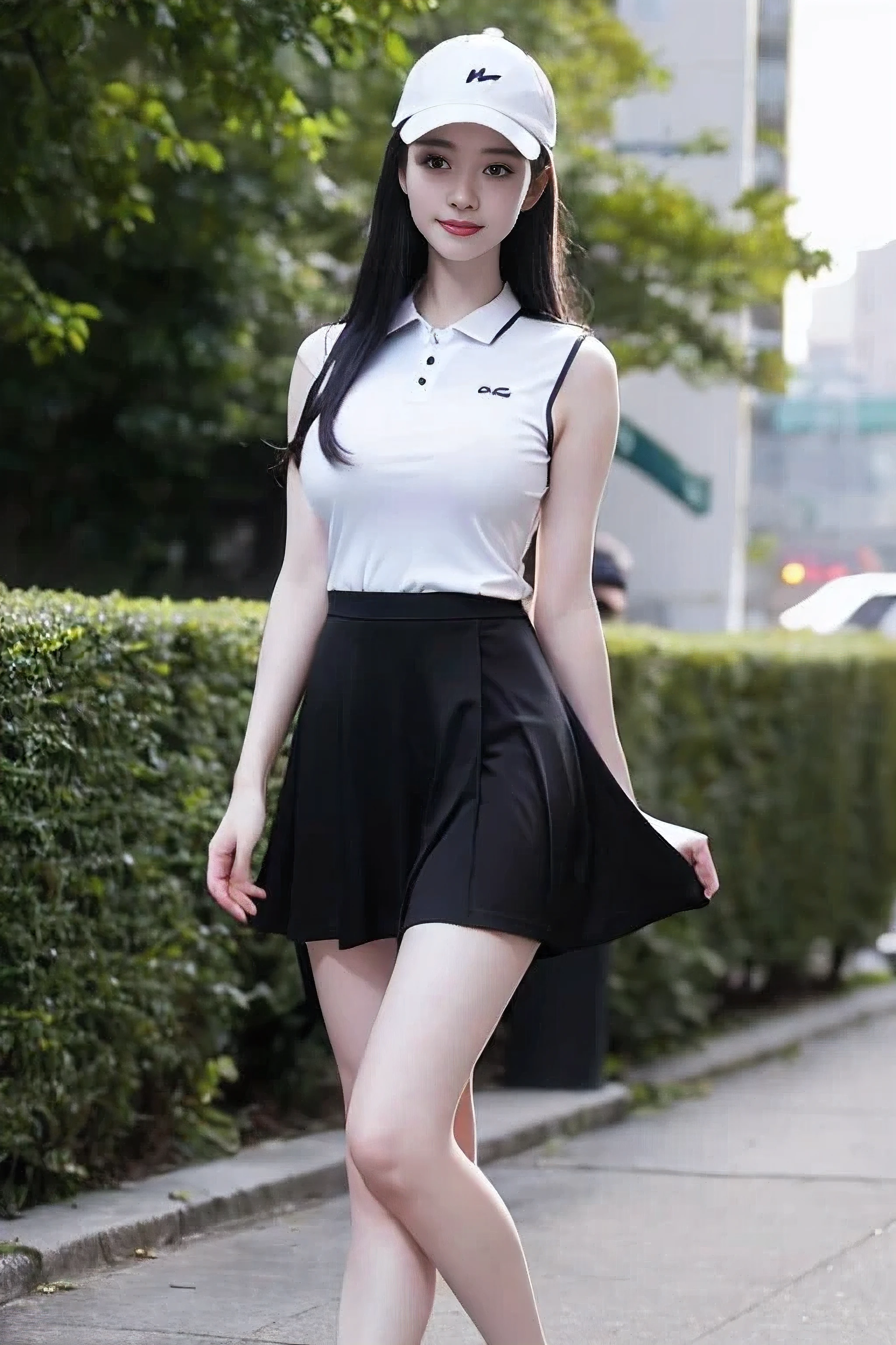 ((highest quality)), ((masterpiece)), (detailed), Perfect face masutepiece, Best Quality, Illustration, Ultra-detailed, finely detail, hight resolution, 8K Wallpaper, Perfect dynamic composition, Beautiful detailed eyes, Women's Fashion Summer,Medium Hair,Small breasts natural color lip, Bold sexy poses,Smile,Harajuku、20 years girl、Cute、Sexy shot looking at camera (pleated skirt, shoes, sleeveless, black footwear, skirt, sleeveless shirt,, cheerleader)