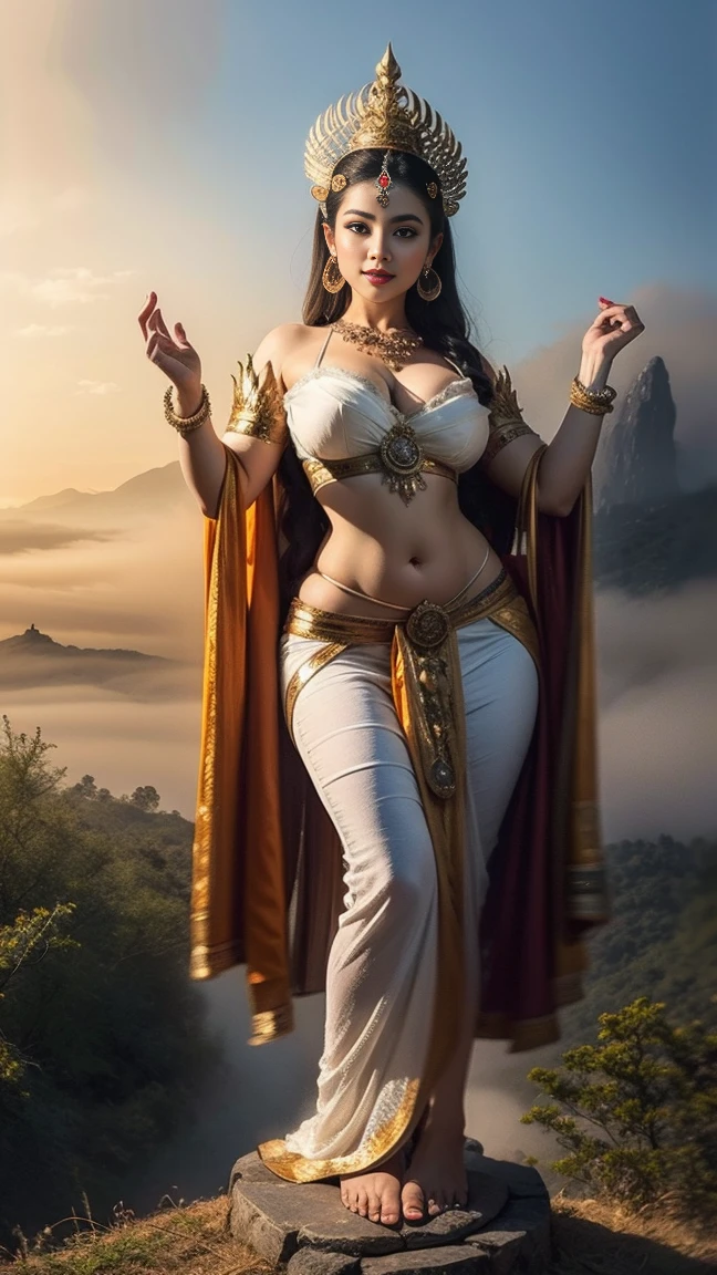Indian Goddess, Goddess of forest, beautiful model, 35 year old gorgeous women, big breasts, big cleavage, gorgeous goddess. extremely high detail, ultra realistic, full body picture, photograph from head to toe, full body view, lower body and legs visible, ((seductive)), seductive pose, straight to the camera, looking seductive, wearing seductive transparent white dress
