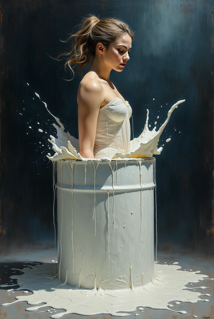 UHD ultra precise 8K digital 1:1 copy of a painting of a woman in a white dress mixing a bowl of milk, sensual painting, flowing milk with a lusty smile, puddle of milk, gorgeous woman, painting of a woman, milk - bath effect, realistic spanish woman painting, mixed art, perfect detail, gorgeous painting, sea of milk, nick alm, oil-on-canvas, oil art, stunning woman, oil painting of realistic woman