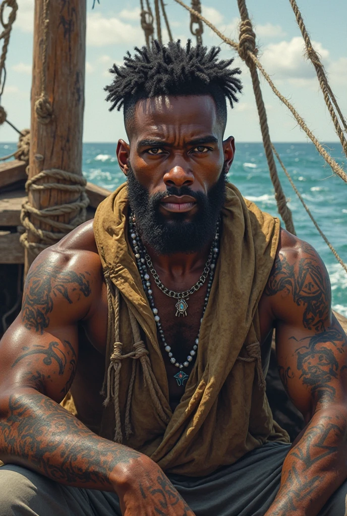1 homme, 29 ans, type afro-américain, cheveux noirs, dreadlocks, barbu, moustache, habillé en pirate du 18ème siècle, air sérieux