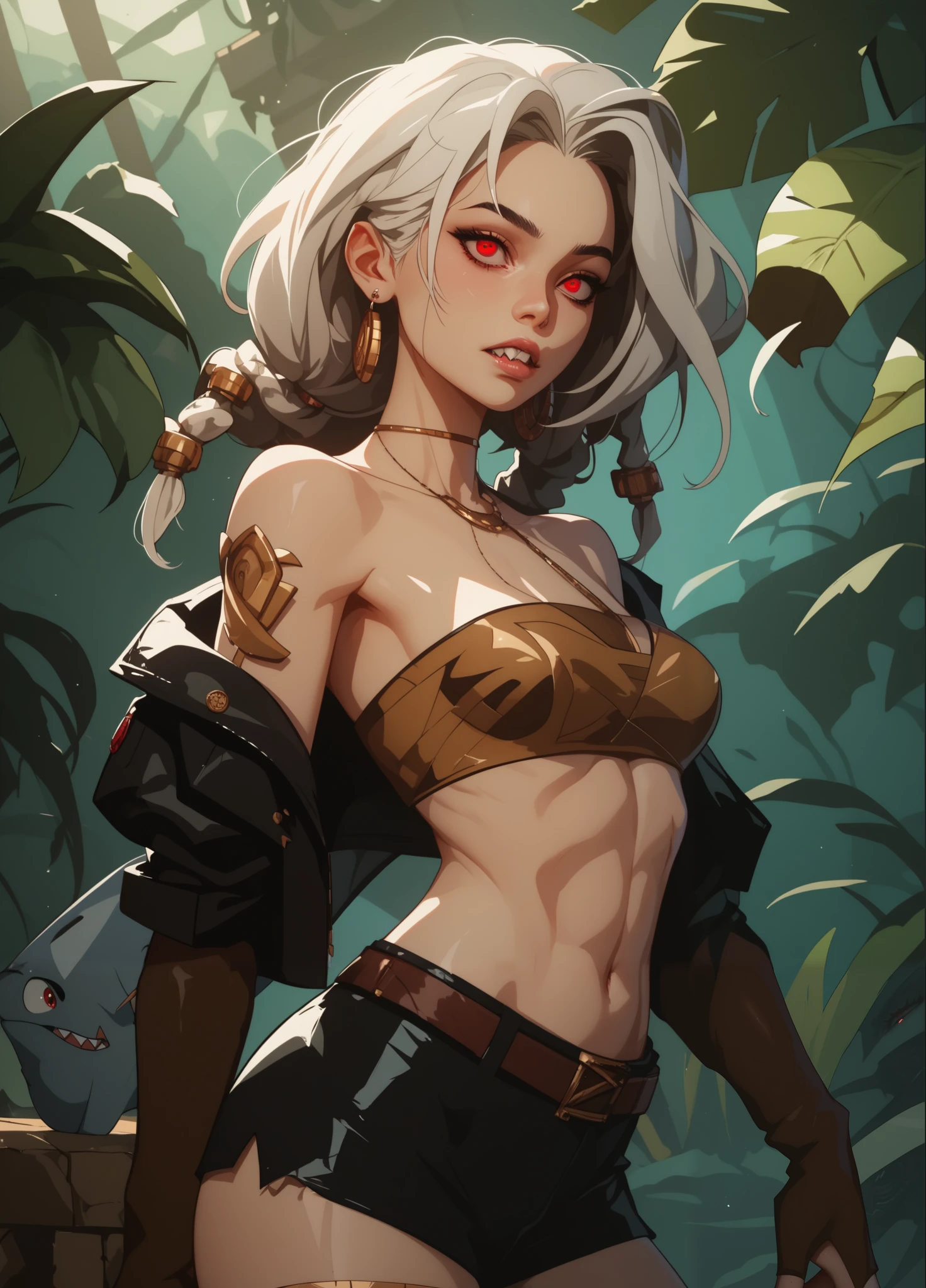 One Woman, masutepiece, of the highest quality, posterior view, Queen of the Grey Elves, bikini of, central, Belt bag, Peach Boots, viewer, Face, Portrait, Glowing eyes, Green smoke, Ass, Black background, Raised breasts, Bare skin, facial expression of smile, devil's figure, Docking screen, Muscle Girl, Krautin Gregg Open, Lower body