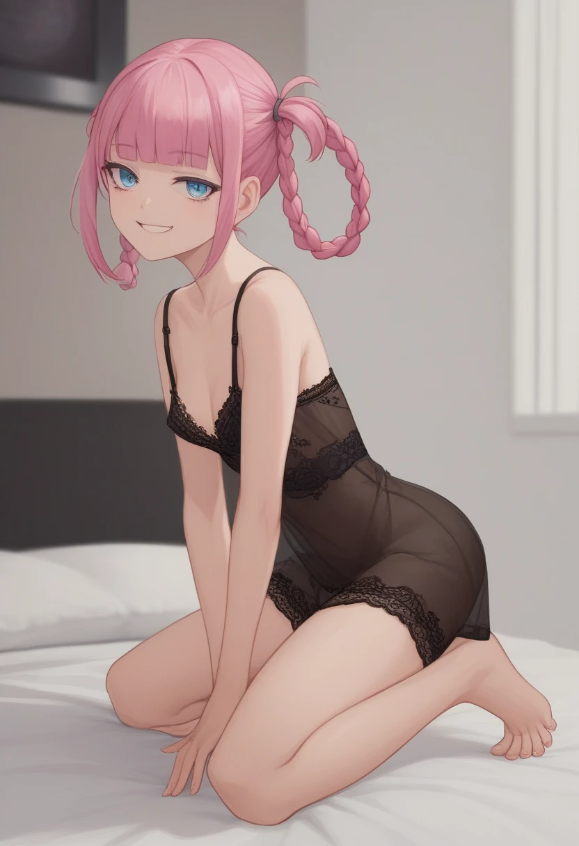 male crossdressing, crossdress, bpack hair, black eyes, shy, smalll breasts, long dress, pink dress, transparent dress, wear men's boxers, big penis under boxers, sexy pose, on bed,
