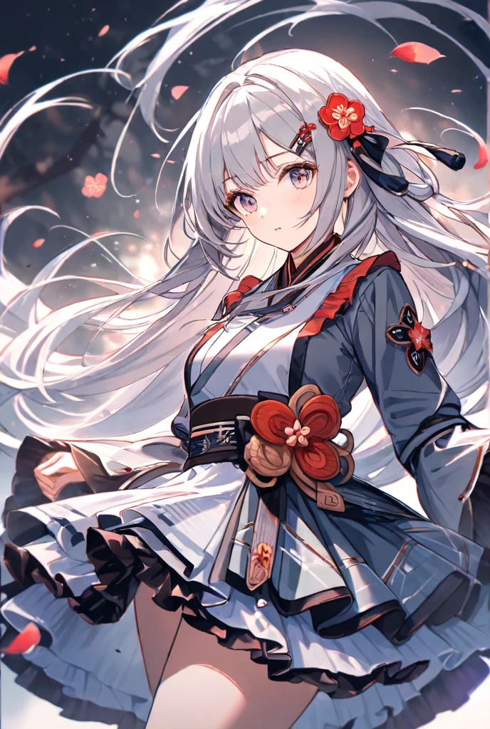 masterpiece,top quality,Super Detail,8k,upper body lift girl Gray Hair hairpins frill skirt plum blossom