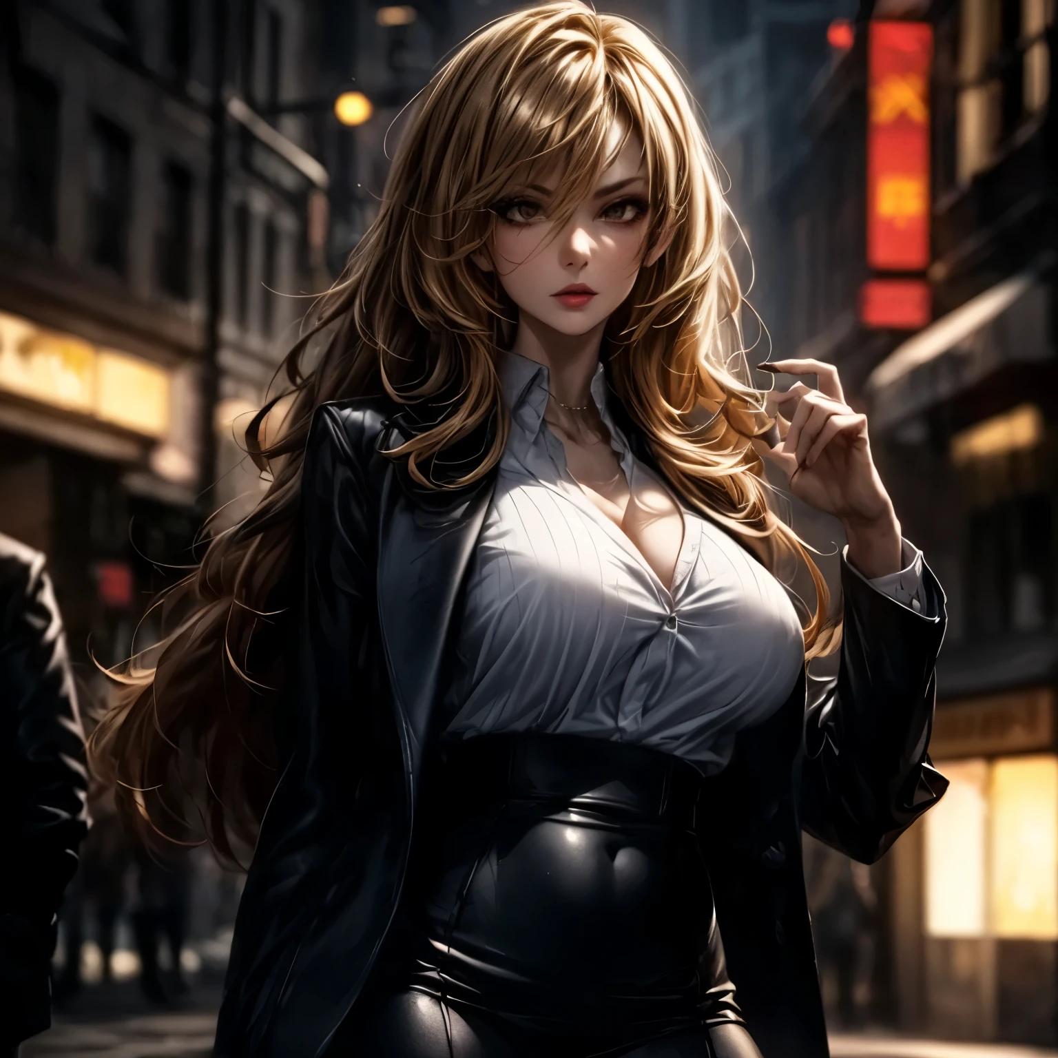 ((best quality)), ((Masterpiece)), ((Enrich the picture,Masterpiece level quality)), golden hair, long hair, very big breasts, golden eyes, fierce woman, mafia boss, eyes details, best quality, street fashion, RAW 4K, Realistically, ( cinematic lighting, moody, textile shading), perfect proportions, ultra detailed, volumetric lighting, soft lighting, glossy skin, beautiful face, Special face details, strong emotions, elegant gesture, Detailed facial features, Long eyelashes, contrast, great details, Incredible atmosphere, Fascinating setting, sexy mini white shirt, mafia suit, mini black skirt, hips up,