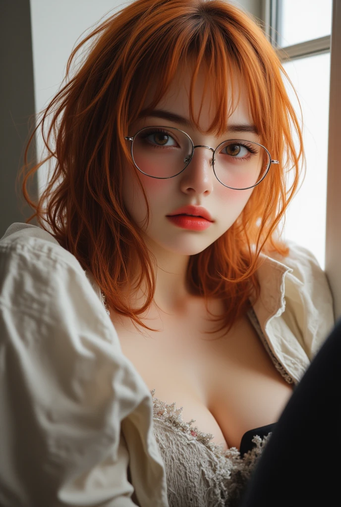 realistic cat ears, (panties pulled to the side), vaginal, chest grabbed, 1boy, cum, dress, bangs, (orange hair: 2.6 ), (bob cut: 1.5), glasses