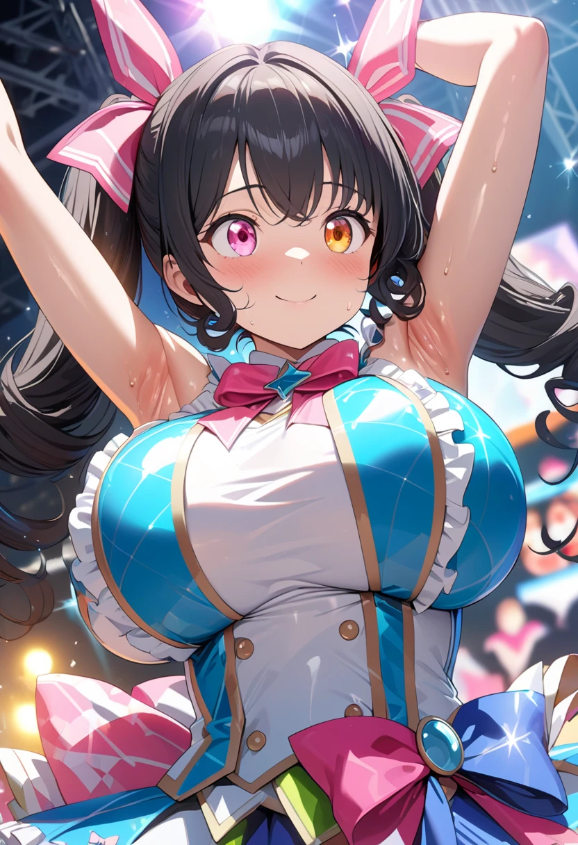 (masterpiece, best quality, ultra detailed, high resolution, 4k, 8k, extremely detailed, super fine illustration, beautiful shiny hair drawn in detail down to the tips, beautiful eyes, expressive eyes, perfect face, perfect human anatomy, photorealistic background, very dynamic illustration, moe anime illustration),
outdoor music festival, colorful spotlights, live stage,
(slightly curly hair, short hair, high twin tails with both sides up, black hair, very baby face, round face, big eyes, droopy eyes, heterochromia, pink eyes, orange eyes), very huge breasts, 145cm tall, , , Japan's cutest face, wearing a cute idol costume with lots of frills, dancing and singing energetically with a little blush and a cute smile, sweating, boobs about to come out, too cute face,
(upper body, beautiful and clean looking armpits, armpit sweat),
((looking away, sparkly, super shiny, holographic, beautifully shining idol costume,))