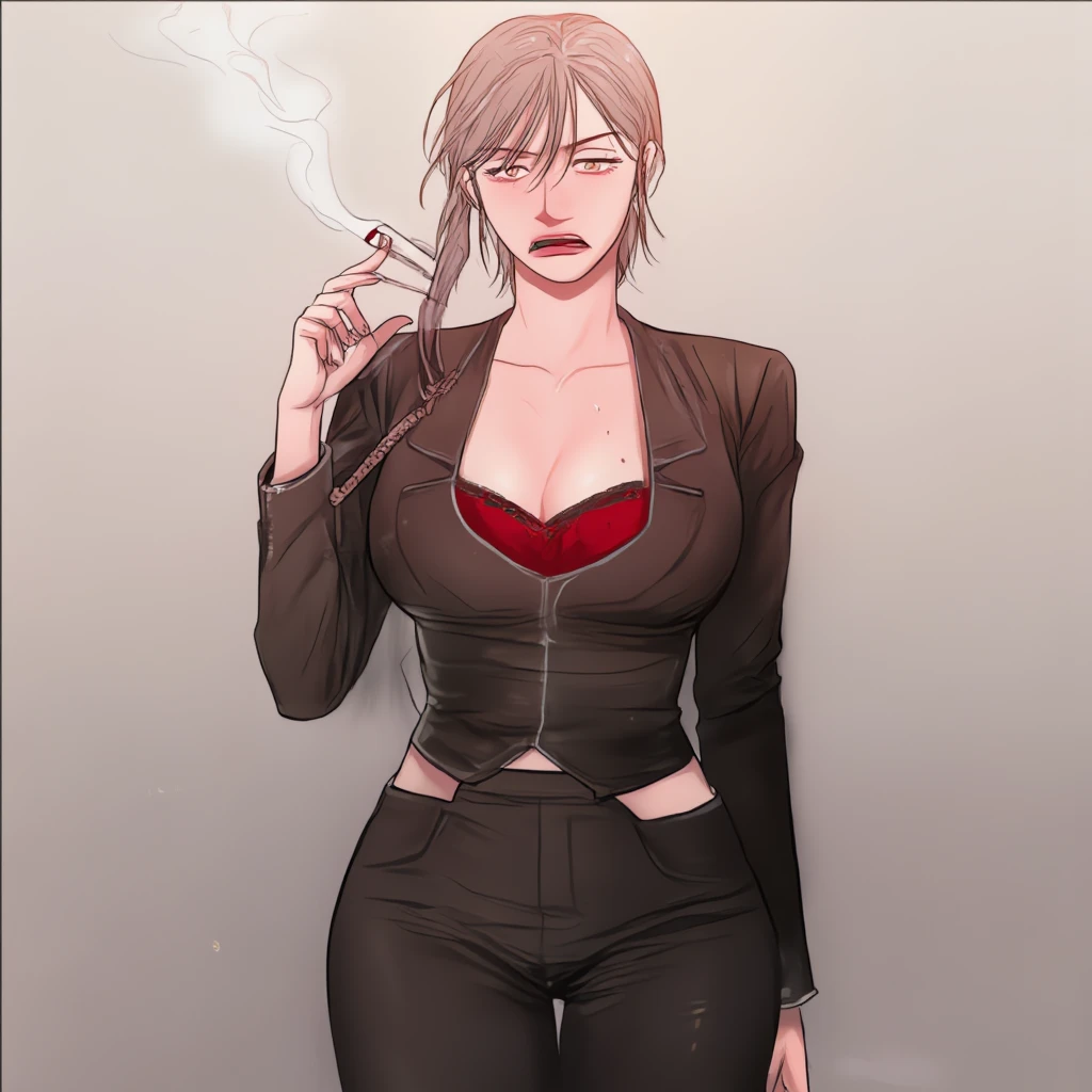((masterpiece), best quality, high quality, professional quality, highly detailed, highres, perfect lighting, Whirling and swirling, rash guard, Femme fatale, Short, Narrow Hips, Square Face, perfect eyes eyes, Fair Skin, Red Hair, yellow Eyes, Long Nose, Pouty Lips, Prominent Chin, Shoulder-Length Hair, Curly Hair, Shaggy Cut, big breasts, teal metallic lipstick, ((Wearing: Black opened jacket, Strapless leather top, tight black pants, belt and leather boots:1.2)), cleavage, midriff, she's looking at the camera with an inexpressive look, she's smoking a cigarette, Graffiti Alley, Trash Can, she's leaning up against a wall.
