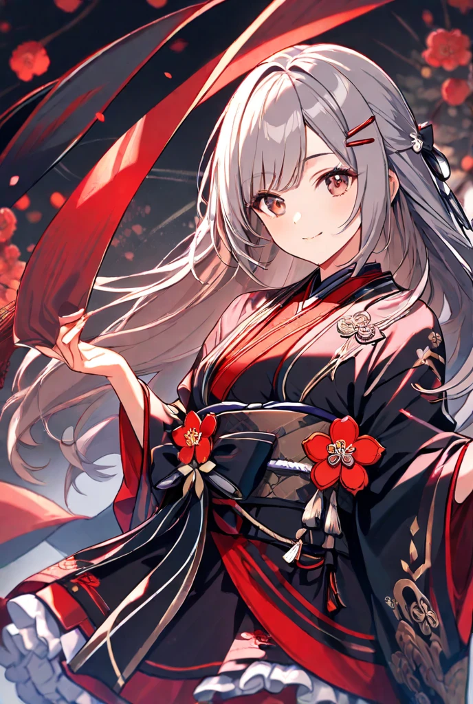 masterpiece,top quality,Super Detail,8k,upper body lift girl Gray Hair hairpins Japanese clothing frill skirt plum blossom Red and Black