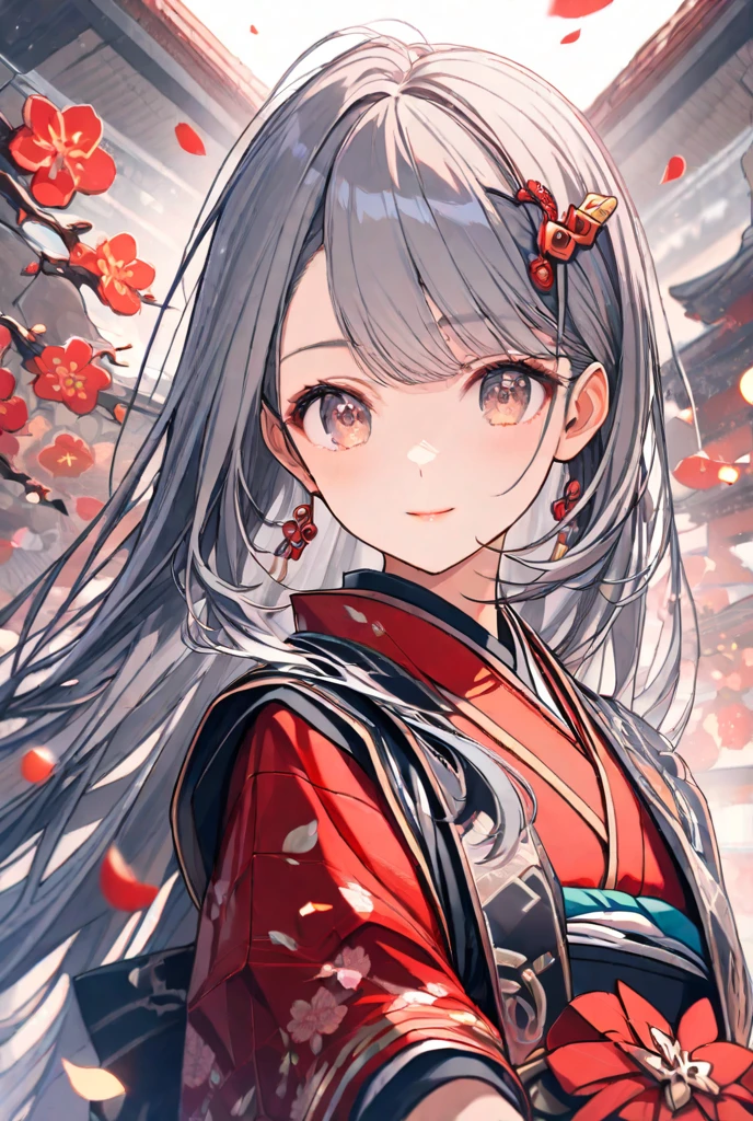 masterpiece,top quality,Super Detail,8k,upper body lift girl Gray Hair hairpins Japanese clothing frill skirt plum blossom Red and Black