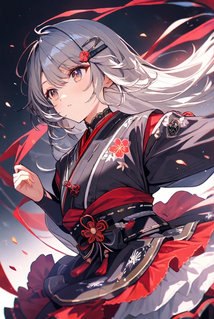 masterpiece,top quality,Super Detail,8k,upper body lift girl Gray Hair hairpins Japanese clothing frill skirt plum blossom Red and Black