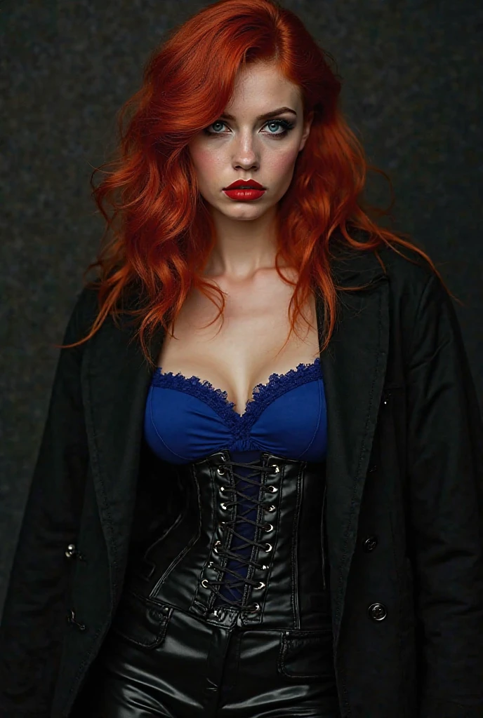 1 (beautiful woman), (20 years), (pale white skin) (freckled) (very detailed and delicate skin), (bright blue eyes) (vampire eyes) (very detailed and expressive eyes.), black and red hair, short hair, perfect body, perfect abdomen, perfect round ass, make up, Red lips, delicate earrings, Delicate collar, choker, hair band, look at the viewer, (without bra), black jacket, visible breasts,(visible breasts),(pink nipples), ( tight jean pants), ( blue pants)pose sexy, in the city, (masterpiece), (8k) , (cinematic lighting, (photorealistic), (minute details)