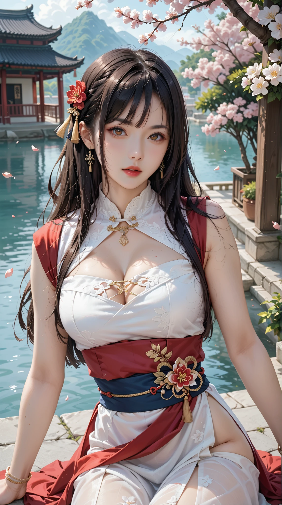 woman, color scheme,Clear image,thin,brown eyes, long hair, hairstyles, Han Fu Dress ,นมใหญ่,Beautiful breasts,jewelry,stance, place,Front view,Focal length 60mm,Possexy,using the chest handle itself