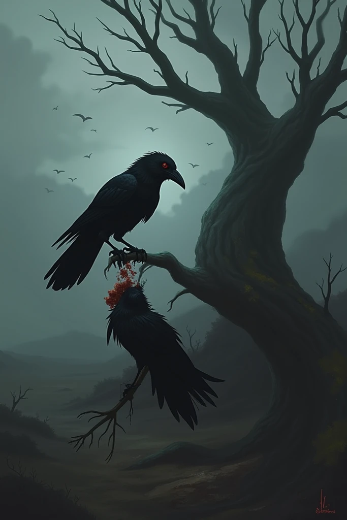 An abstraction of horror in a fantasy world where a woman warrior's body is ripped open by a crow, and the crow emerges from the woman warrior's gut. The horrifying scene is intensified by the woman's terrifying scream of agony.
Medium: Dark and surrealistic illustrations
Additional details: A moonlit sky with eerie shades of purple and blue, twisted trees with gnarled branches, a trail of blood tracing the path of the crow's escape, the warrior's torn armor scattered on the ground.
Image quality: (best quality, 4k, highres, masterpiece:1.2), ultra-detailed, (realistic, photorealistic, photo-realistic:1.37)
Art style: Horror, surrealism
Color palette: Dark and gloomy colors with stark contrasts
Lighting: Soft moonlight casting eerie shadows, with a faint glow surrounding the crow.