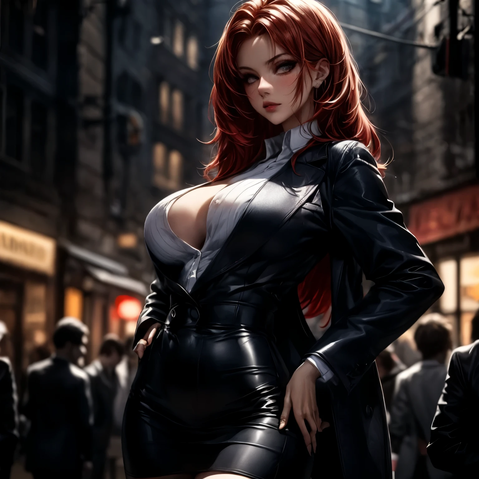 Allard woman walking down the street in black costume and red stiletto over-the-knee boots, seductive anime girl, seductive cyberpunk dark fantasy, beautiful seductive anime woman, surreal full body figure, oppai cyberpunk, realistic perfect body, redhead female cyberpunk, range Murata and Artgerm, realistic anime girl rendering, very sexy costumes, gorgeous goddess of cyberpunk rage