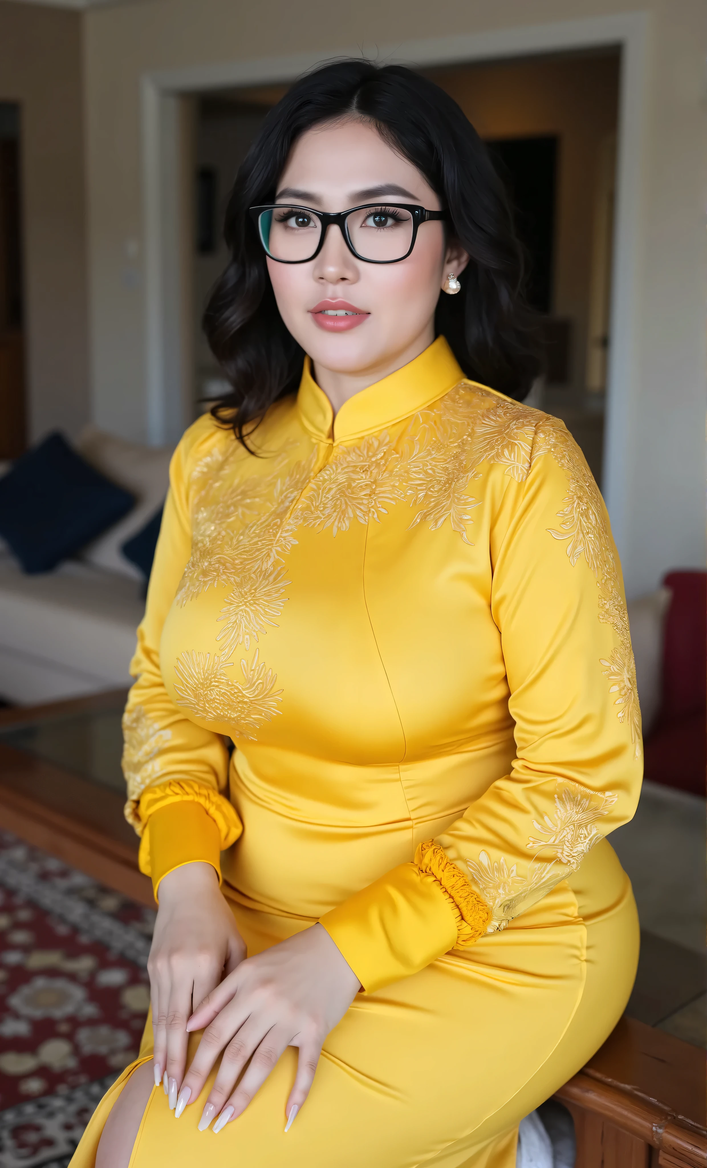 (Masterpiece: 1.2, Best Quality), Realistic, (Realistic Picture, Complex Details, Depth of Field), Best Quality, Masterpiece, Highly Detailed, Realistic, 1 mature, indonesian old wife, 55 Years Old, chest forward, big breasts, thin lips, beautiful and seductive, curvy body, perfect shape vagina, wearing yellow hijab, wearing kebaya, full body view, look at viewer, full photo, background living room, black frame glasses, look at viewer, sexy model style pose, perfect hands shape, perfect fingers shape, complete fingers, perfect long nails shape,
