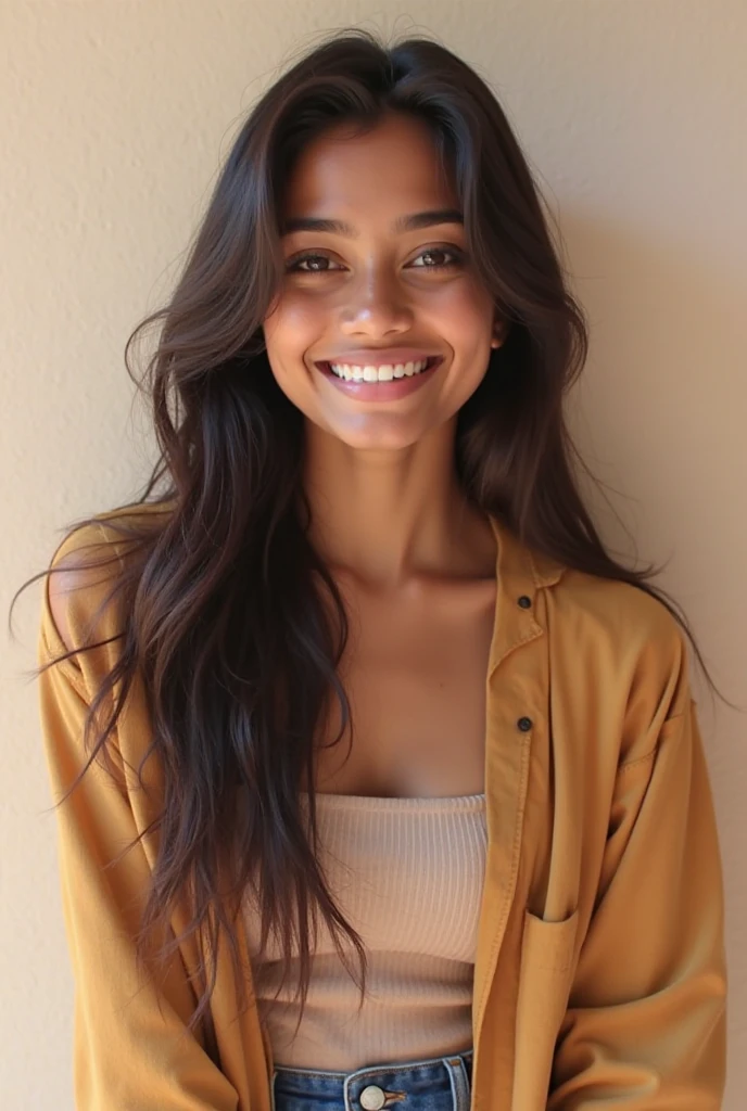 22-year-old woman, long dark brown curly hair, brown skin color, dark brown eyes, smiling, Travel clothes, Brazilian-Cornish, 8k, detailed eyes, detailed mouth, detailed teeth