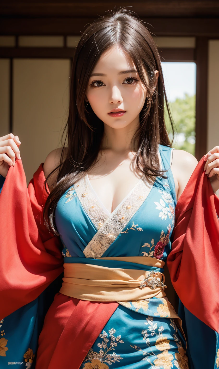 1 girl,His long hair flowed up., The sun shines brightly., Supports large, bare breasts, open sexy legs, flower garden, Red, black, dark blue, traditional kimono,, Masterpiece, best quality, Highly detailed 16k, Take photos with a high quality camera 45,000,000 pixels